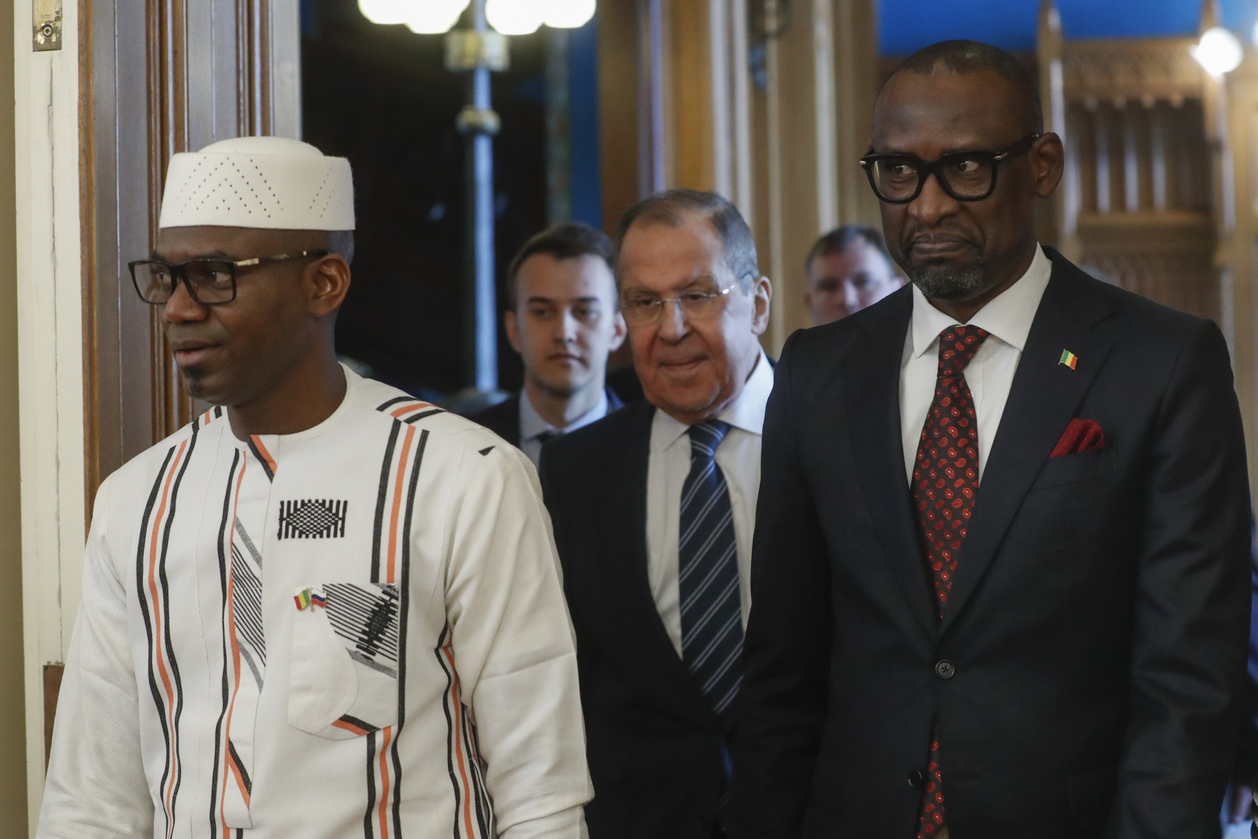 Mali's Defense Minister Sadio Camara (left), Russian Foreign Minister Sergey Lavrov (center) and Mali's Foreign Minister Abdoulaye Diop in Moscow, February 28, 2024.