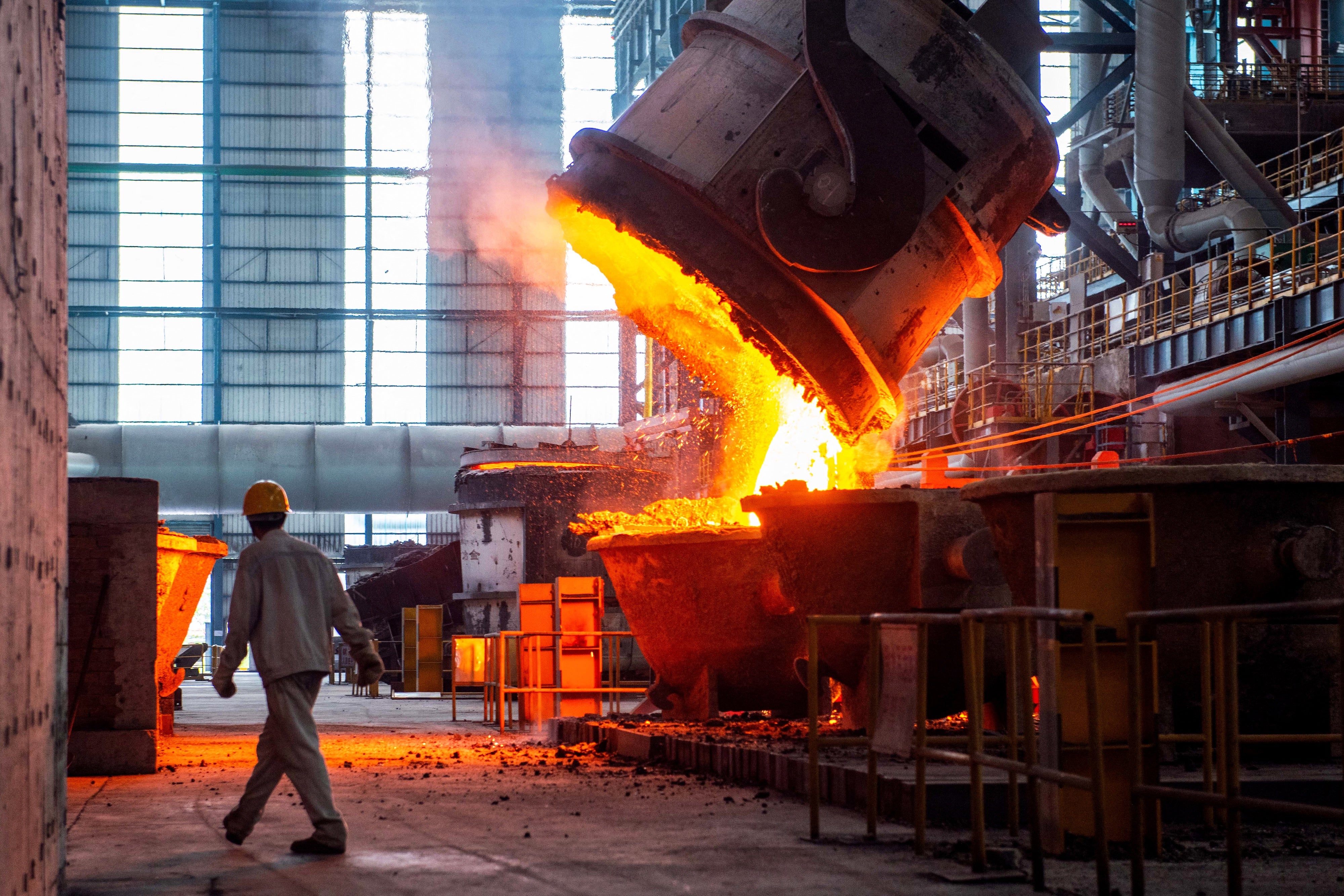 Molten steel is poured at a steel factory in Huai'an, Jiangsu province, China, July 22, 2025. 