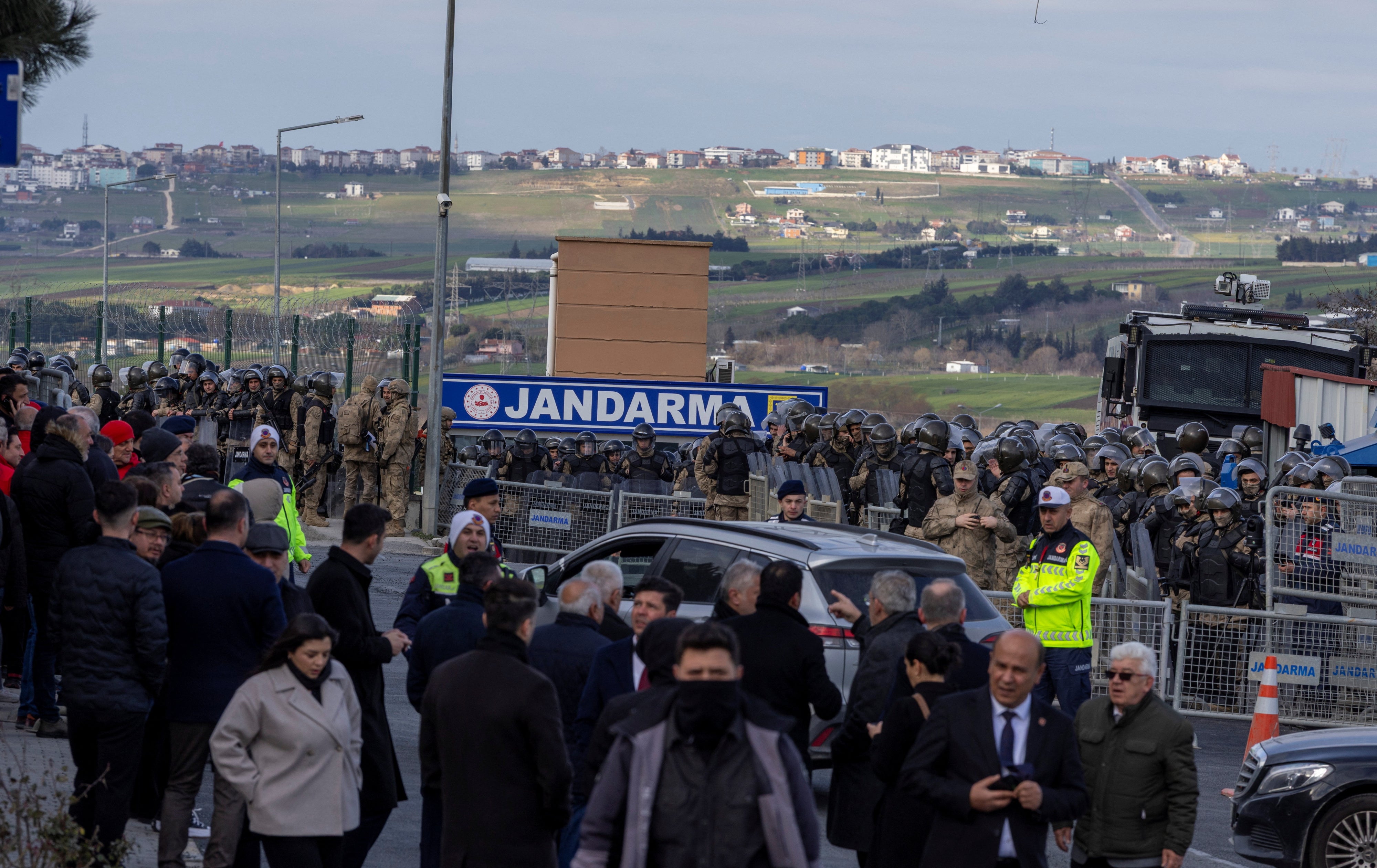 Gendarmes lined up at the entrance to the Marmara courthouse and prison complex on the first/opening day of the trial of Istanbul mayor Ekrem Imamoglu and 406 co-accused, Silivri, Istanbul, Türkiye, March 9, 2026.