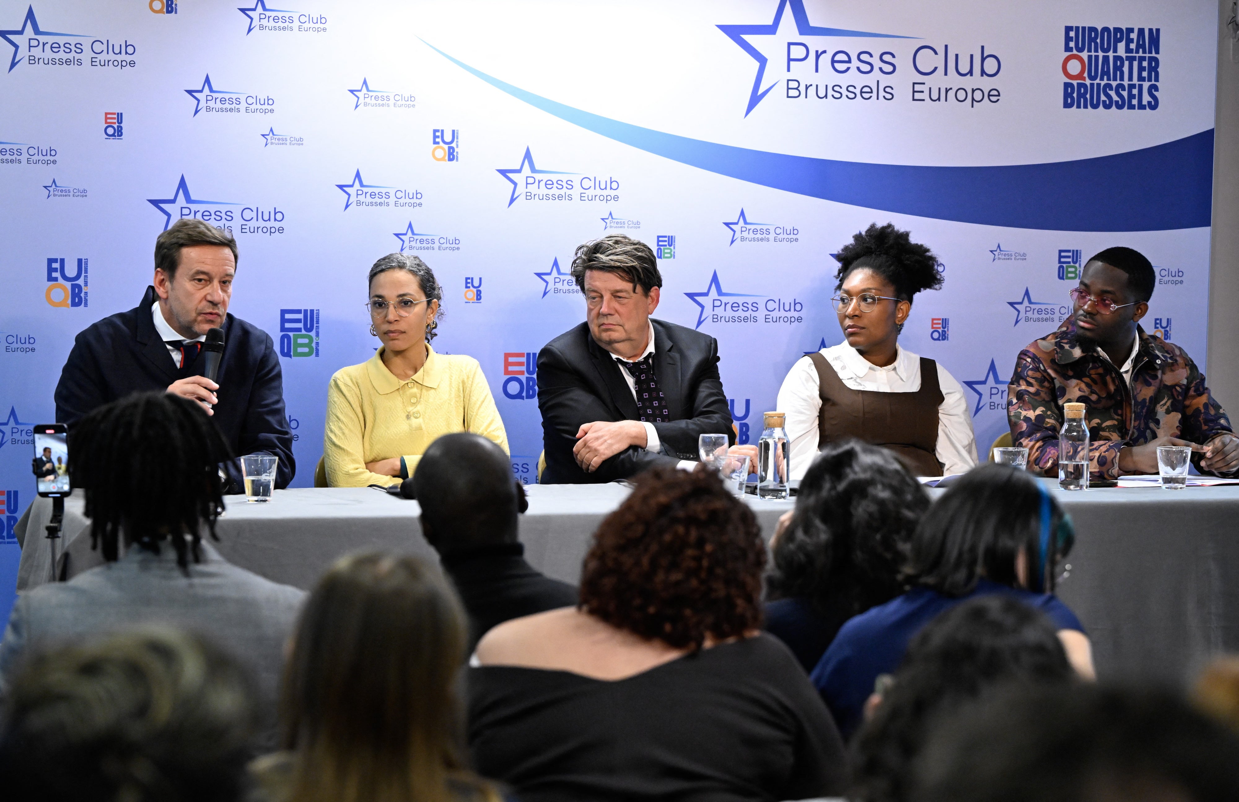 (From left) Family members of murdered Congolese independence icon Patrice Lumumba Yema Lumumba and Mehdi Lumumba, with their Belgian and German lawyers, hold a press conference in Brussels, on January 19, 2026 after a Belgian court hearing on a potential prosecution for the 1961 killing.