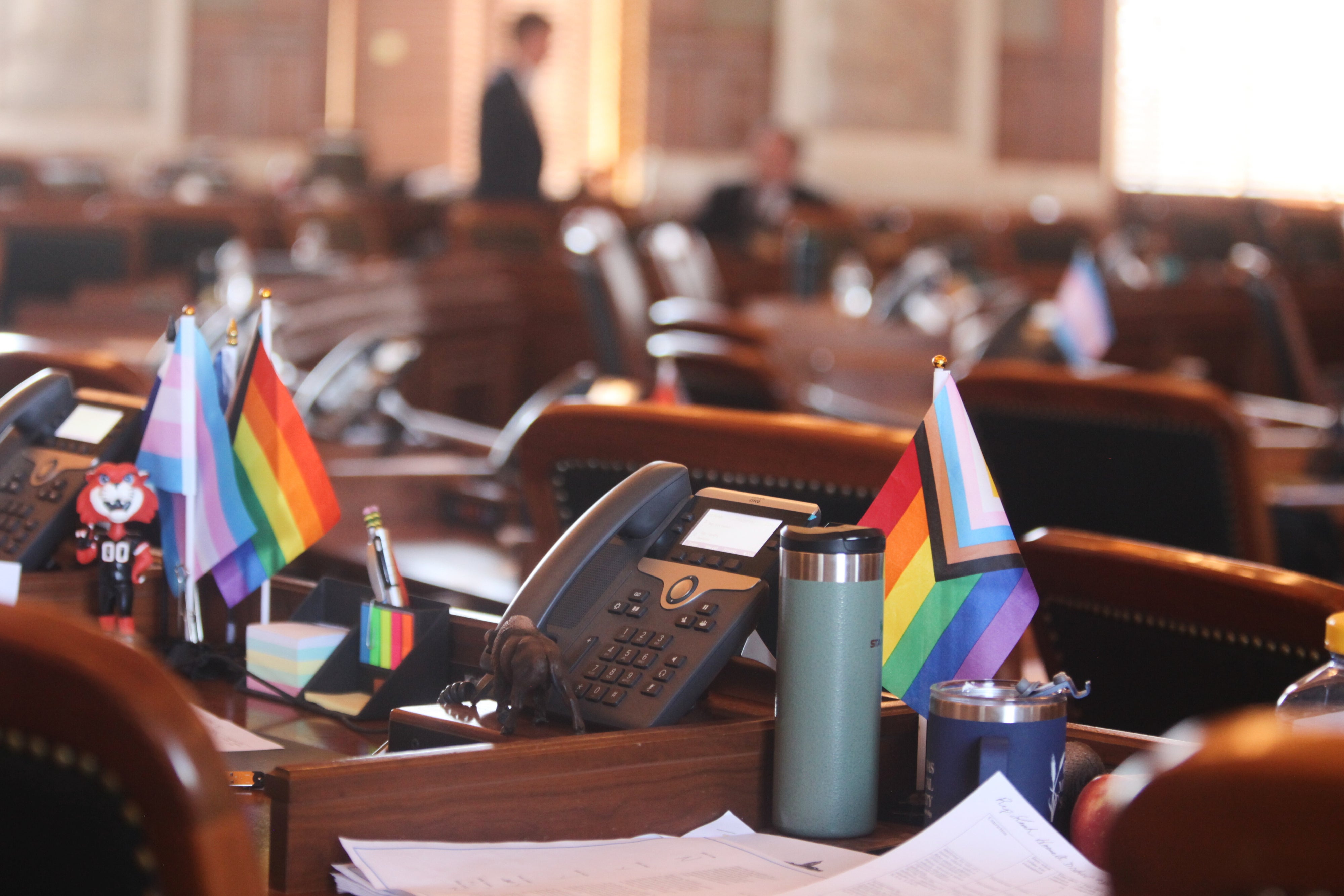 Transgender and LGBTQ rights flags sit on the desks of legislators in the Kansas House chamber in Topeka, February 19, 2026. 