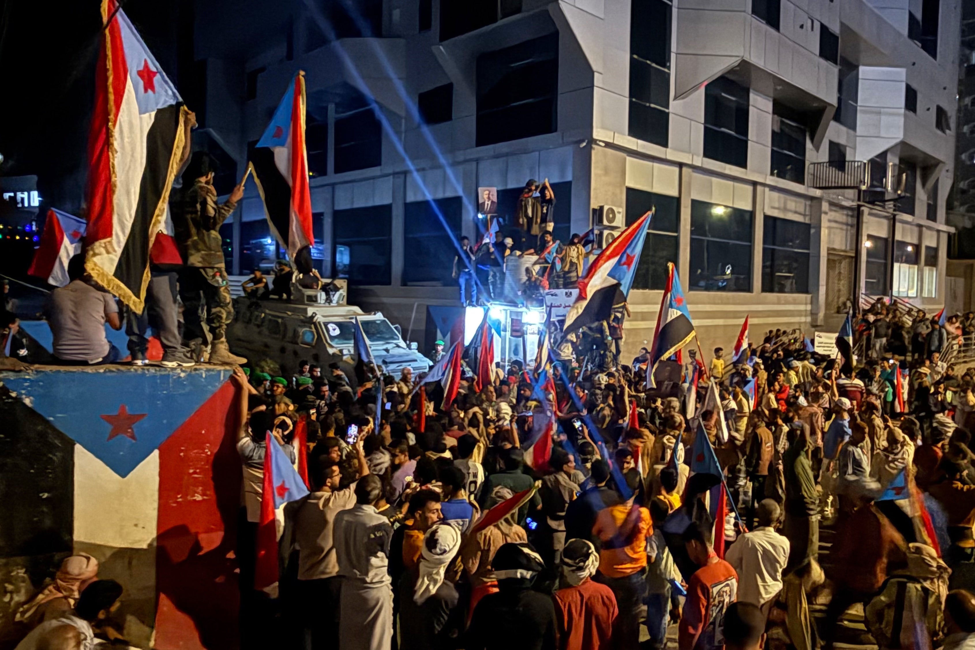 Supporters of Southern Transitional Council protest in front of Al-Maashiq Presidential Palace in Aden, Yemen, February 19, 2026. 