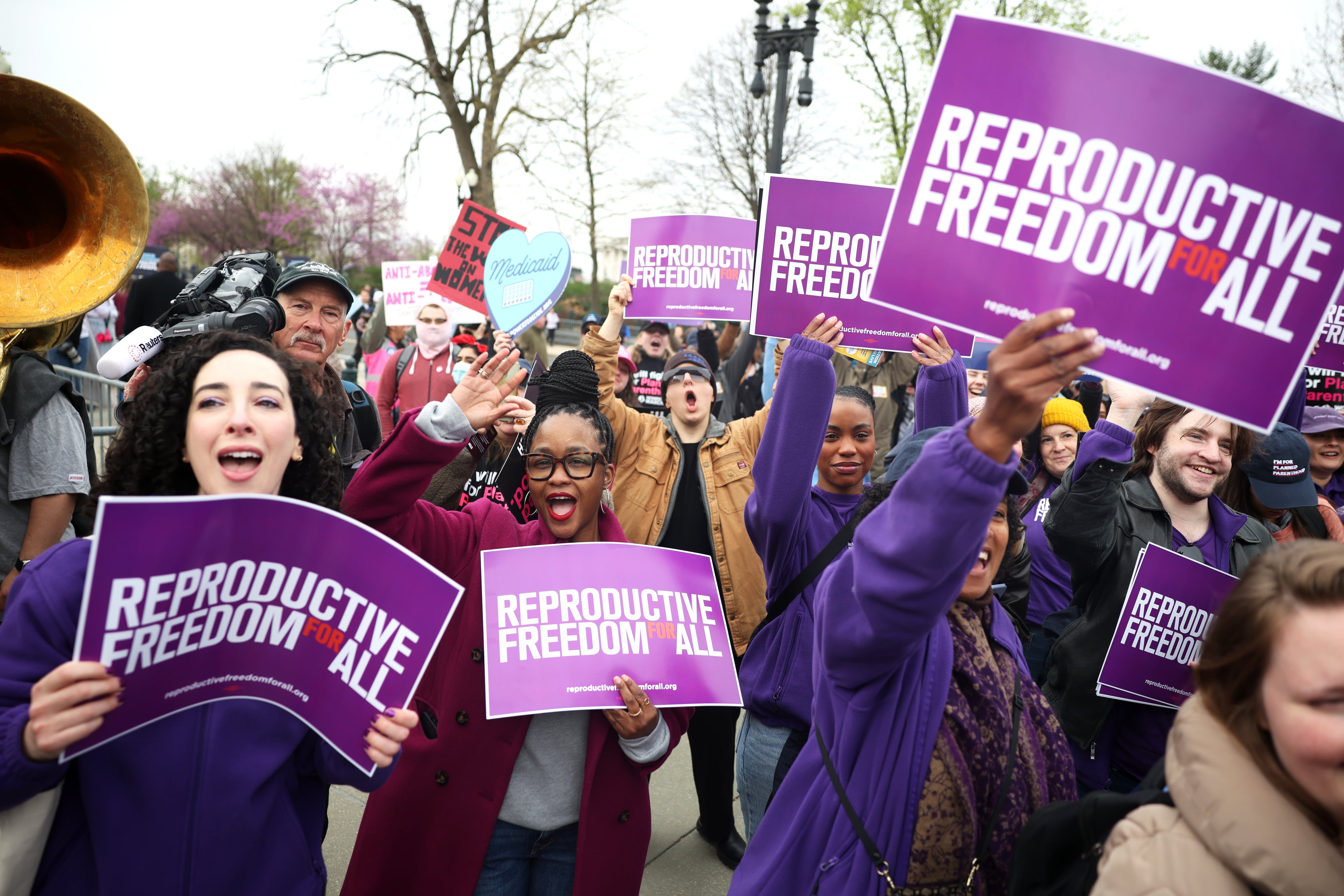 Abortion rights protestors demonstrate outside the U.S. Supreme Court as oral arguments are delivered in the case of Medina v. Planned Parenthood South Atlantic in Washington D.C., April 2. 2025.