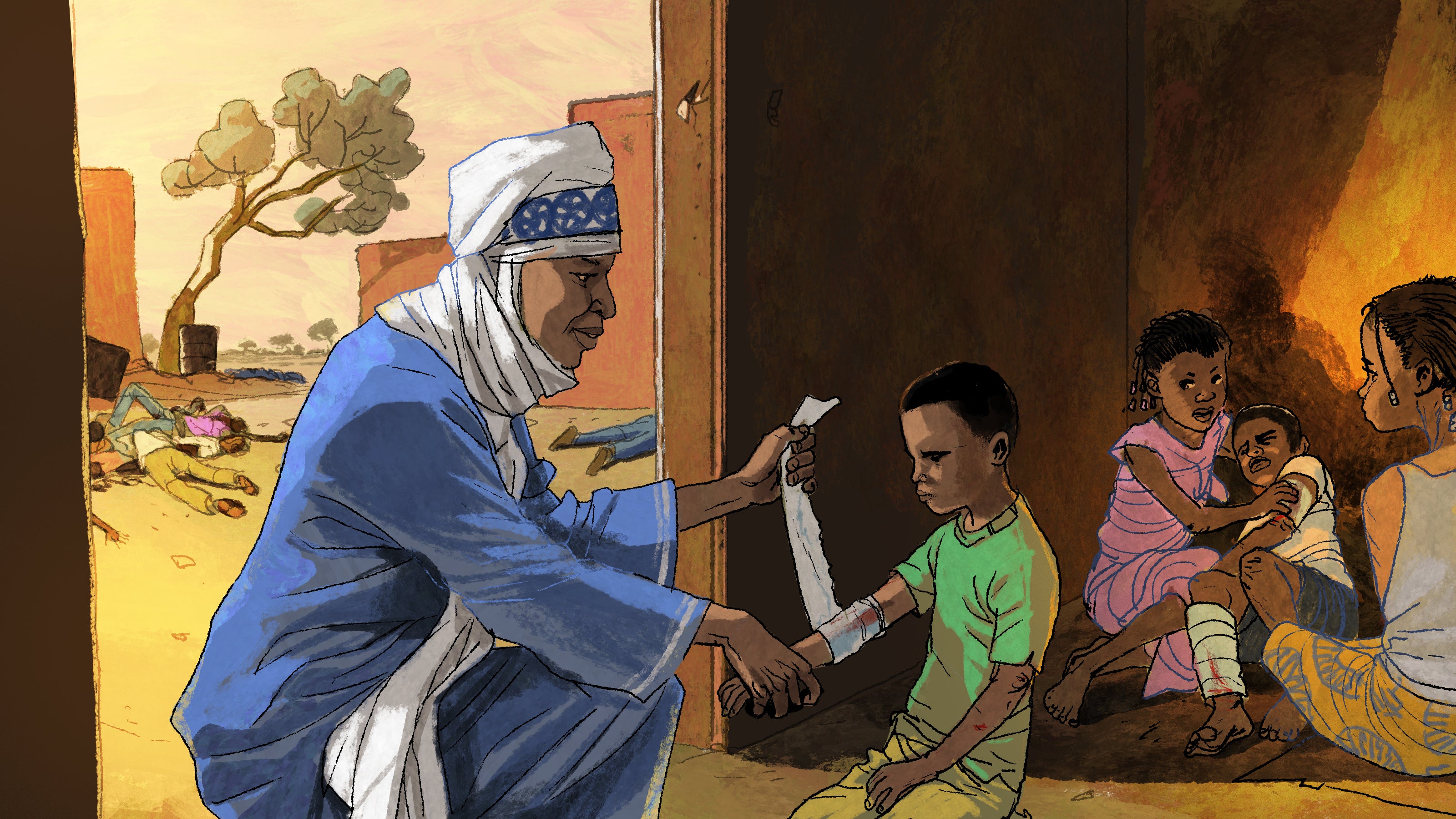 Illustration of an adult man tending to a group of injured children