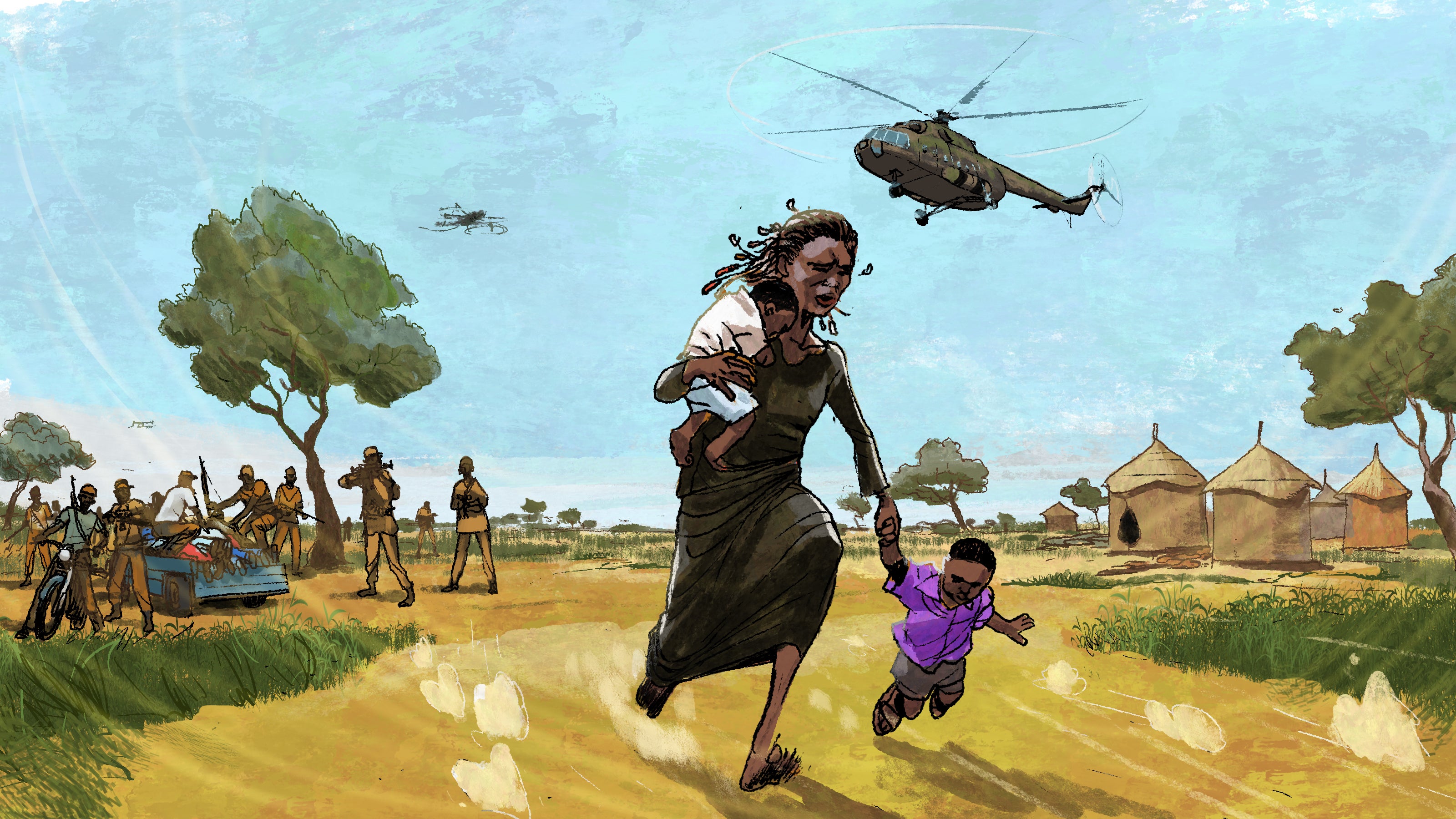 An illustration of a woman and two children fleeing from armed soldiers and a helicopter overhead