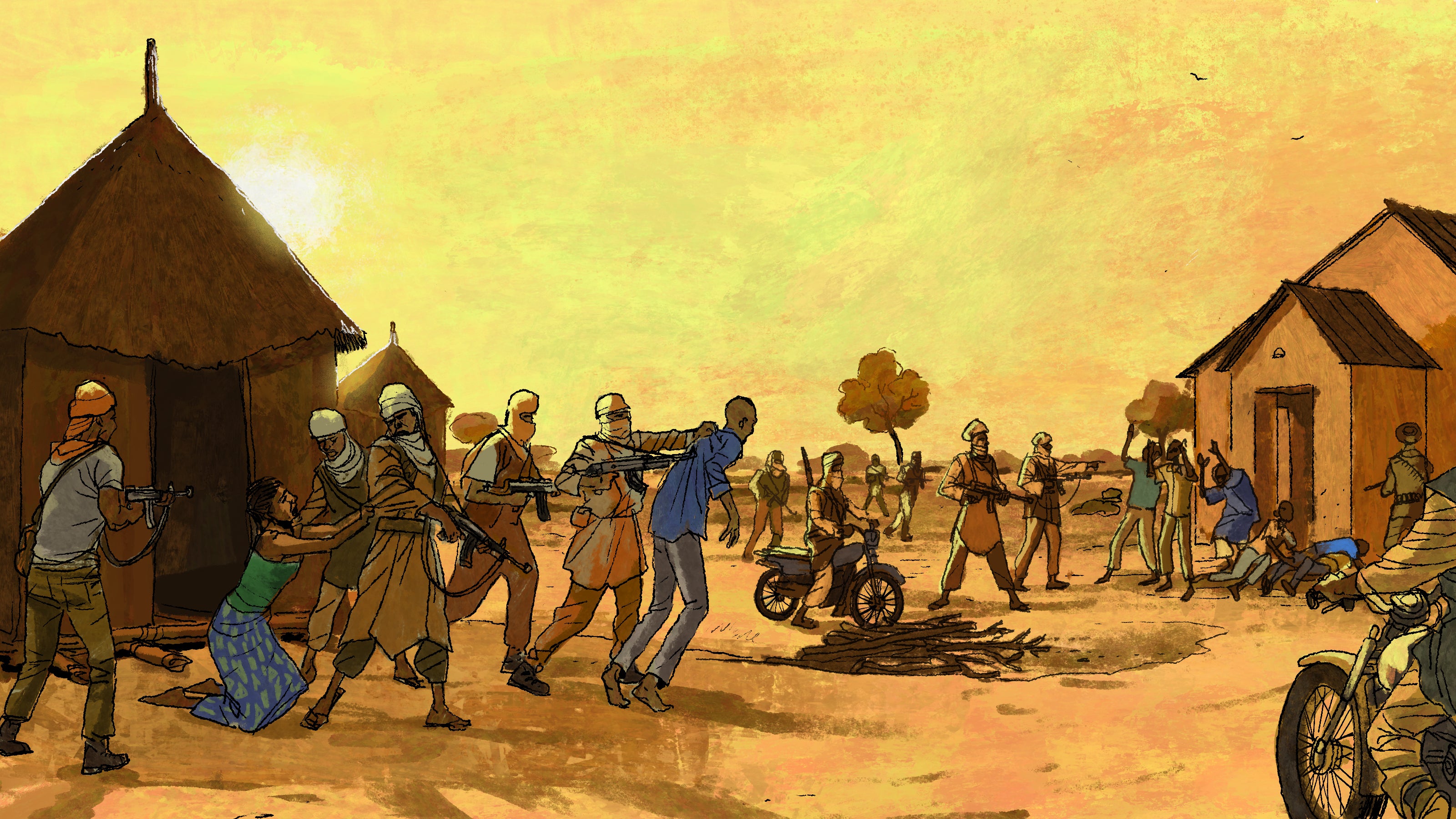 illustration of a woman in a village begging a group of fighters not to take away her husband