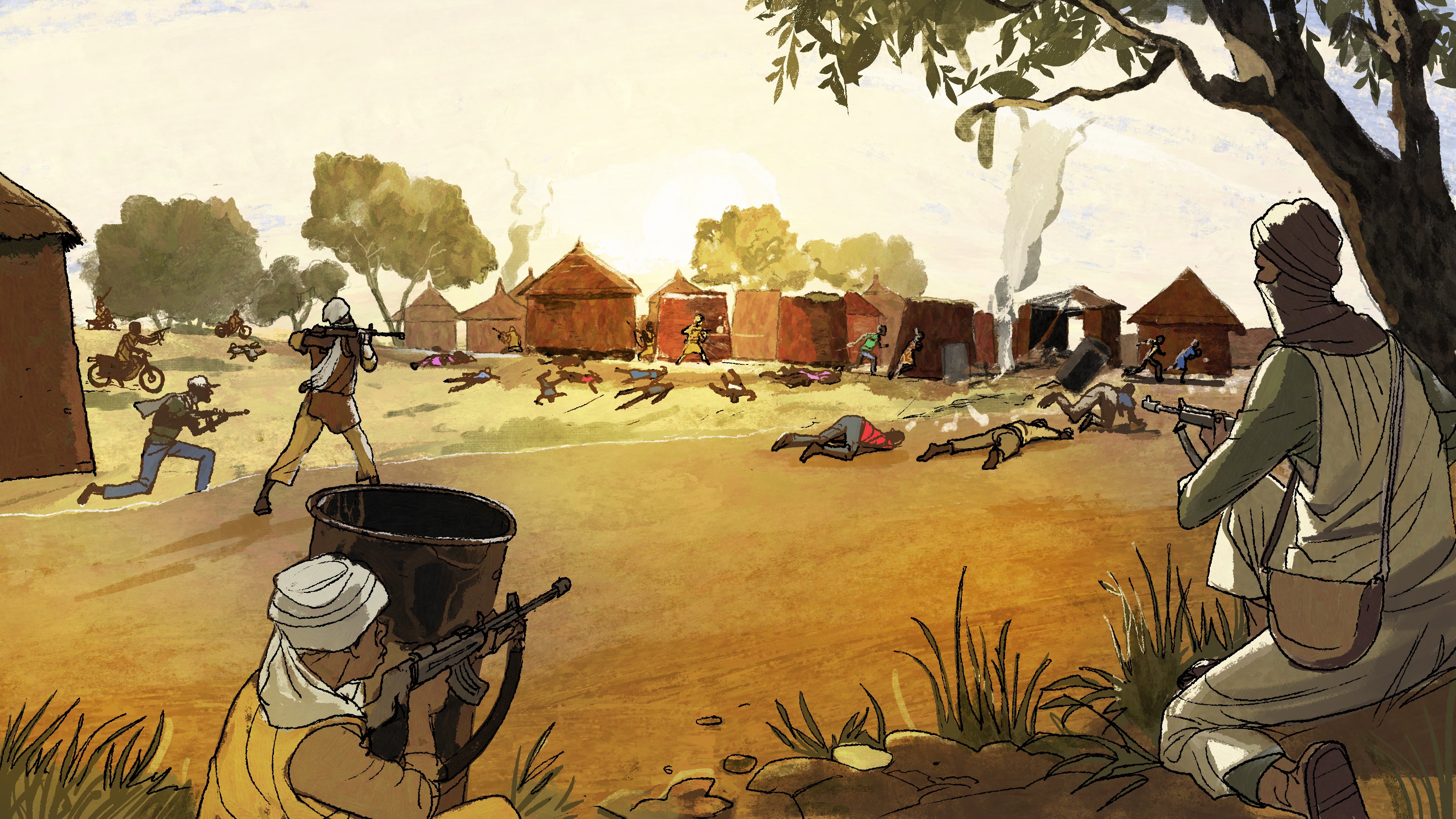 illustration of a fighters shooting at civilians in a village