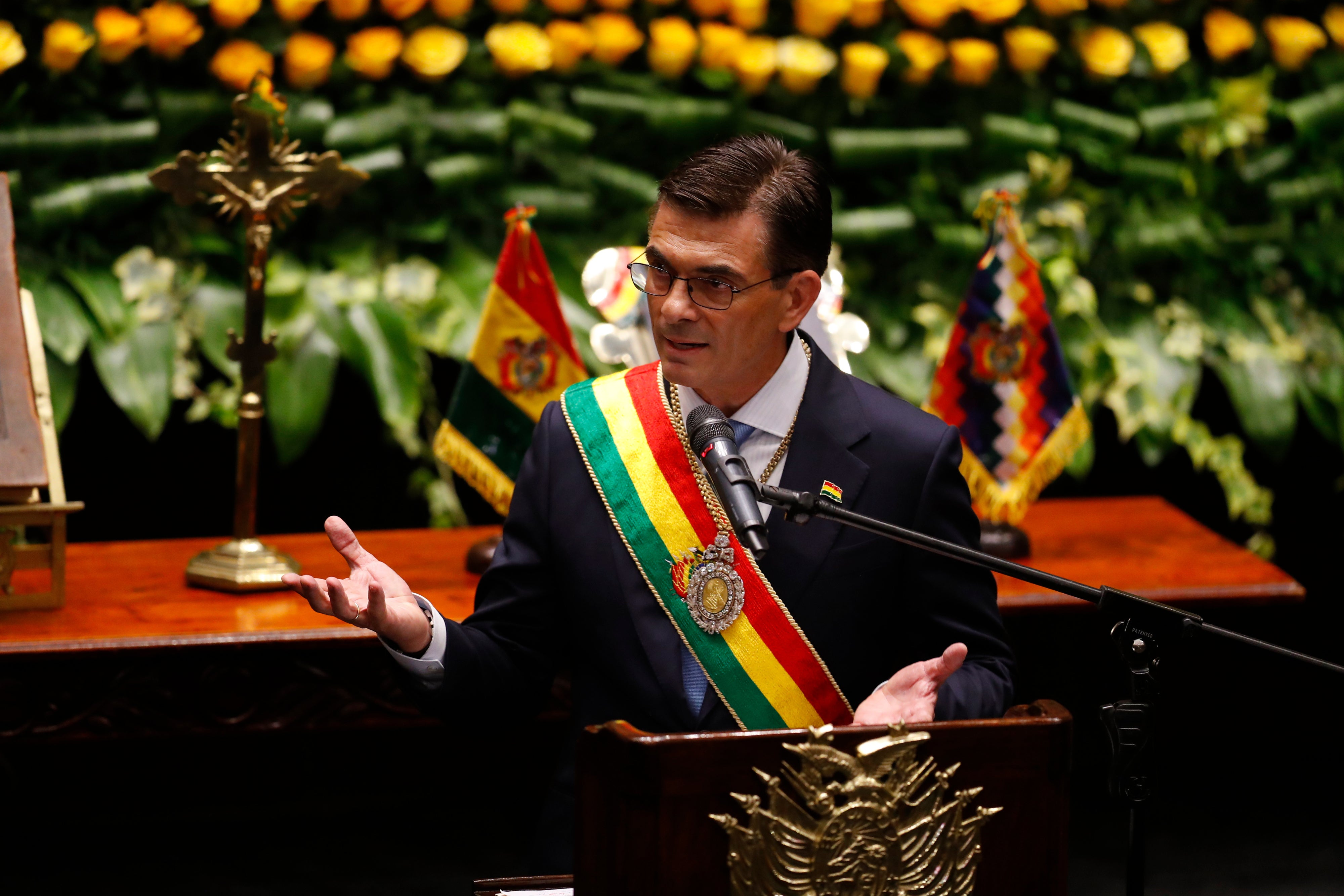 Bolivian President-elect Rodrigo Paz speaks during his swearing-in ceremony at the Plurinational Legislative Assembly in La Paz, Bolivia, November 8, 2025. 