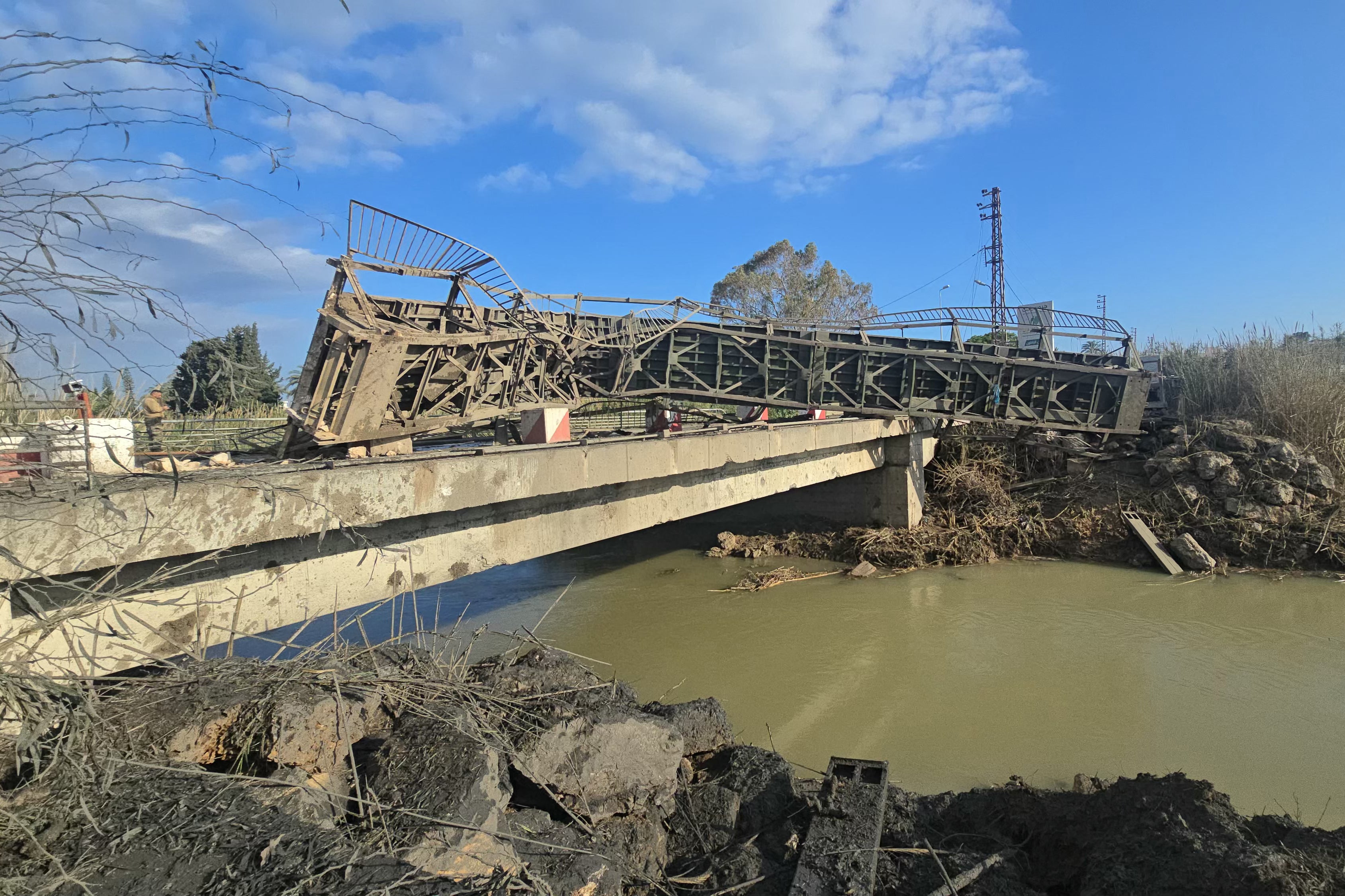 A damaged bridge over water