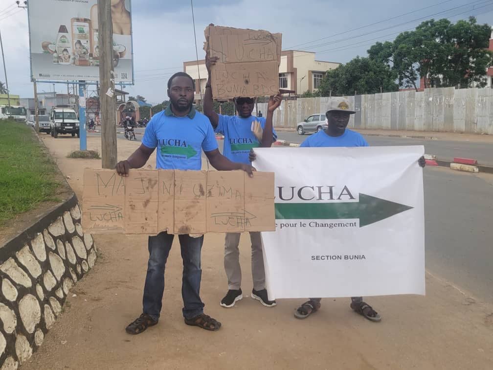Joachim Paluku Kamate (left), Olivier Sefu Anjisina (center), and Jackson Kambale Odo in Bunia, Democratic Republic of Congo, March 12, 2026. 