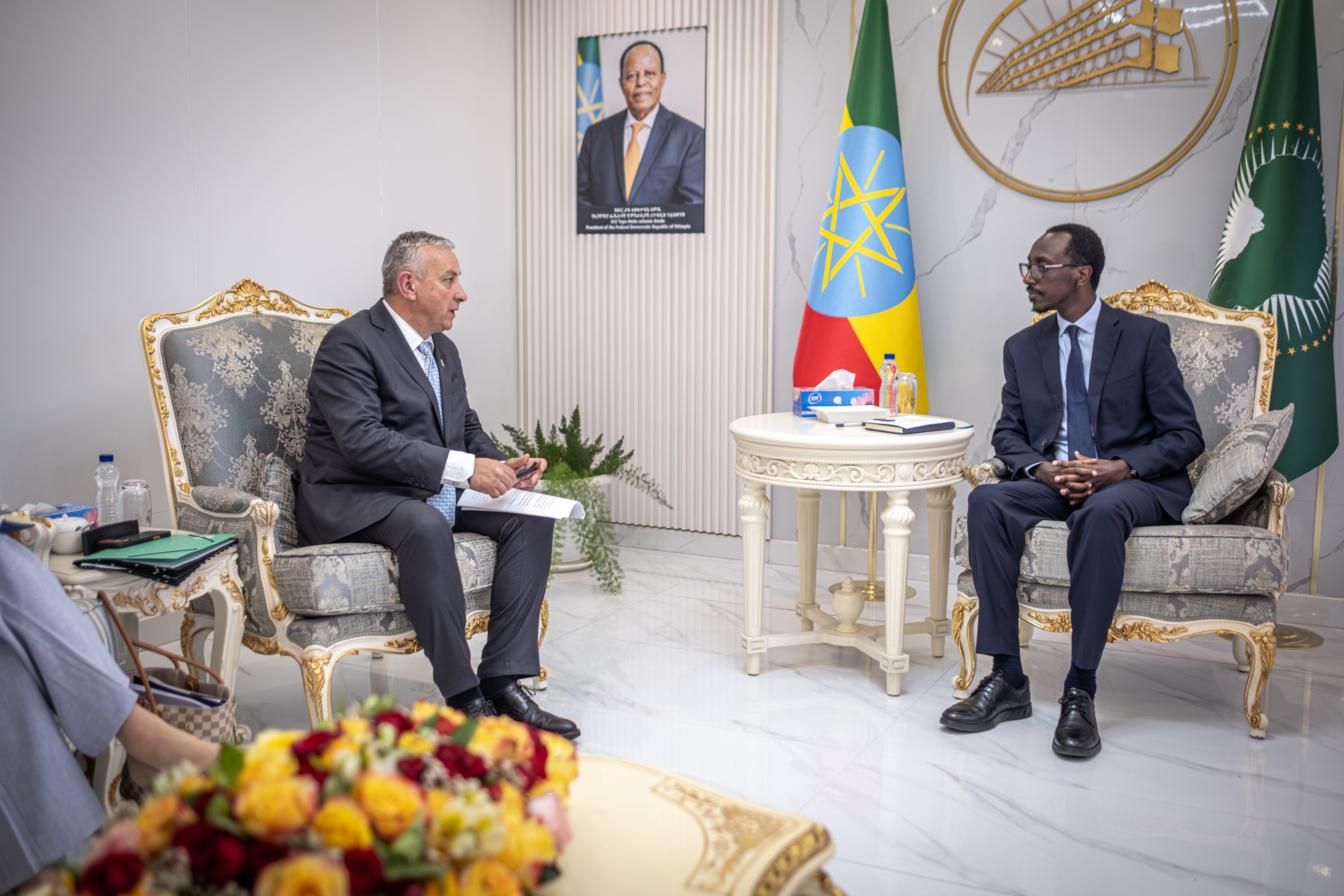 Jozef Síkela (left), EU commissioner for international partnerships, meets with Ethiopia’s minister of foreign affairs, Gedion Timothewos, in Addis Ababa, April 20, 2026.
