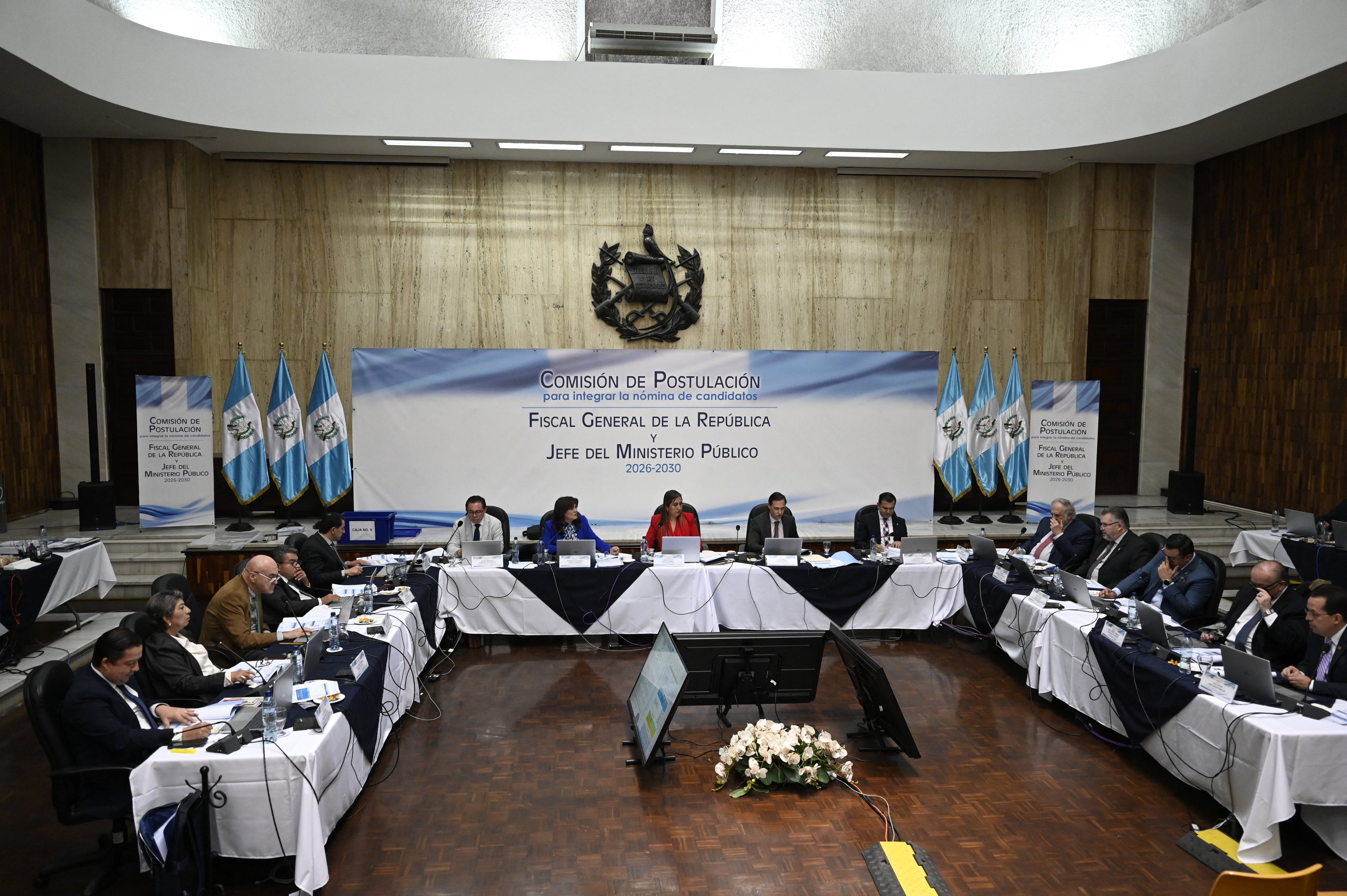 Members of the Nominating Commission review the files of candidates for attorney general of the Republic and head of the Public Prosecutor's Office at the Palace of Justice in Guatemala City on April 17, 2026. 