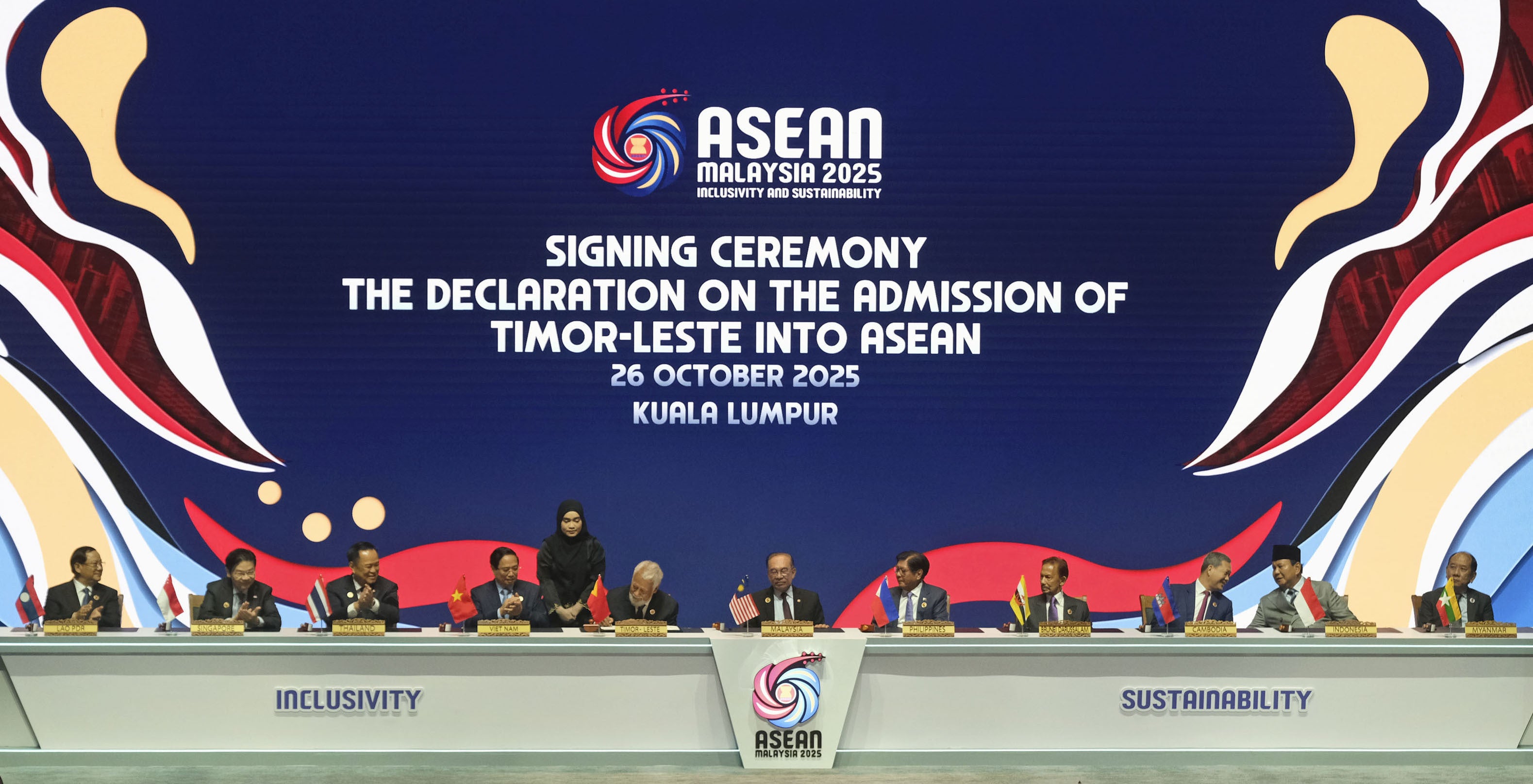 A ceremony marking East Timor's admission into the Association of Southeast Asian Nations, in Kuala Lumpur, October 26, 2025.