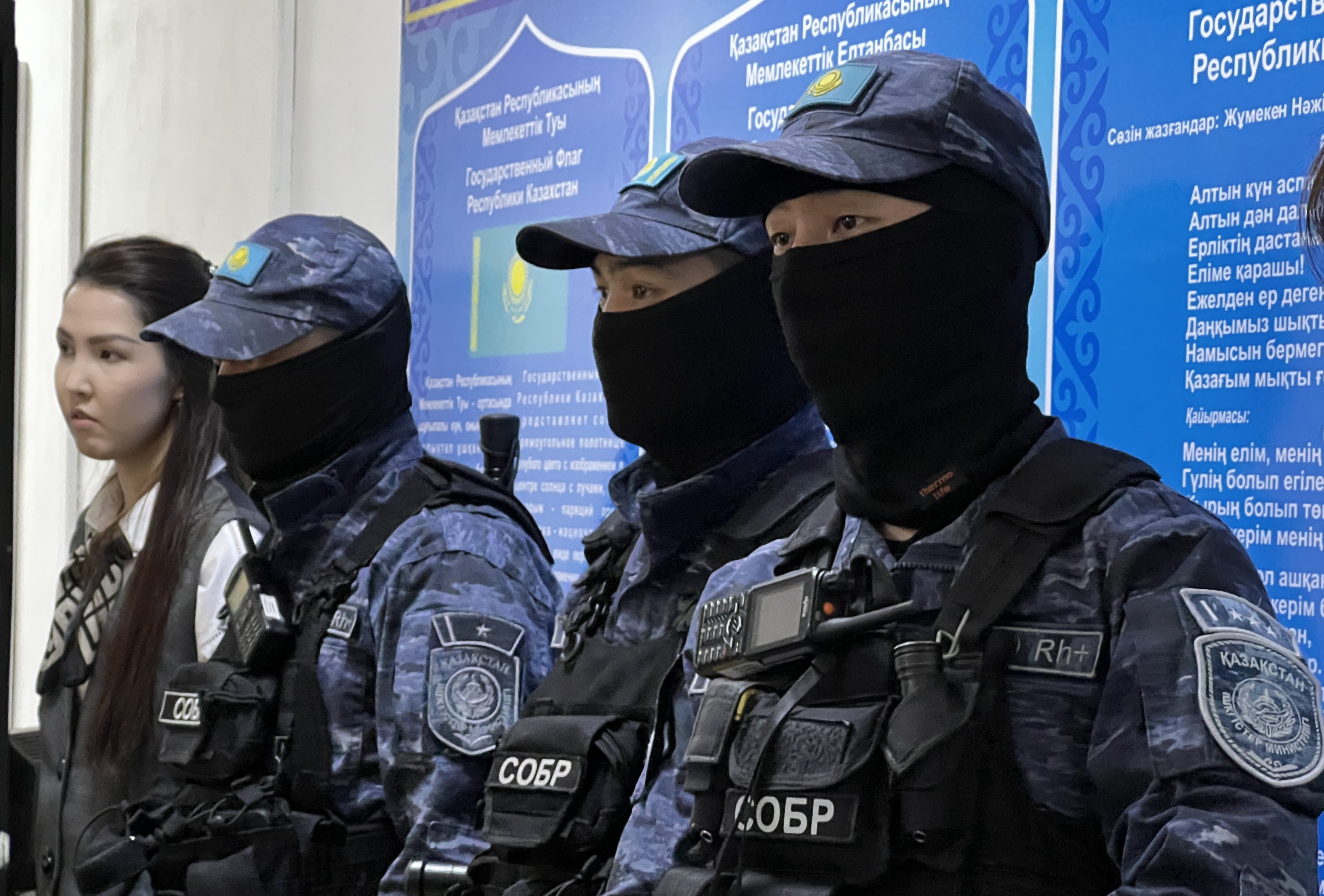 Special police forces in a Kazakh court on the day of the sentencing of 19 people accused of "inciting ethnic hatred." Taldykorgan, April 13, 2026.