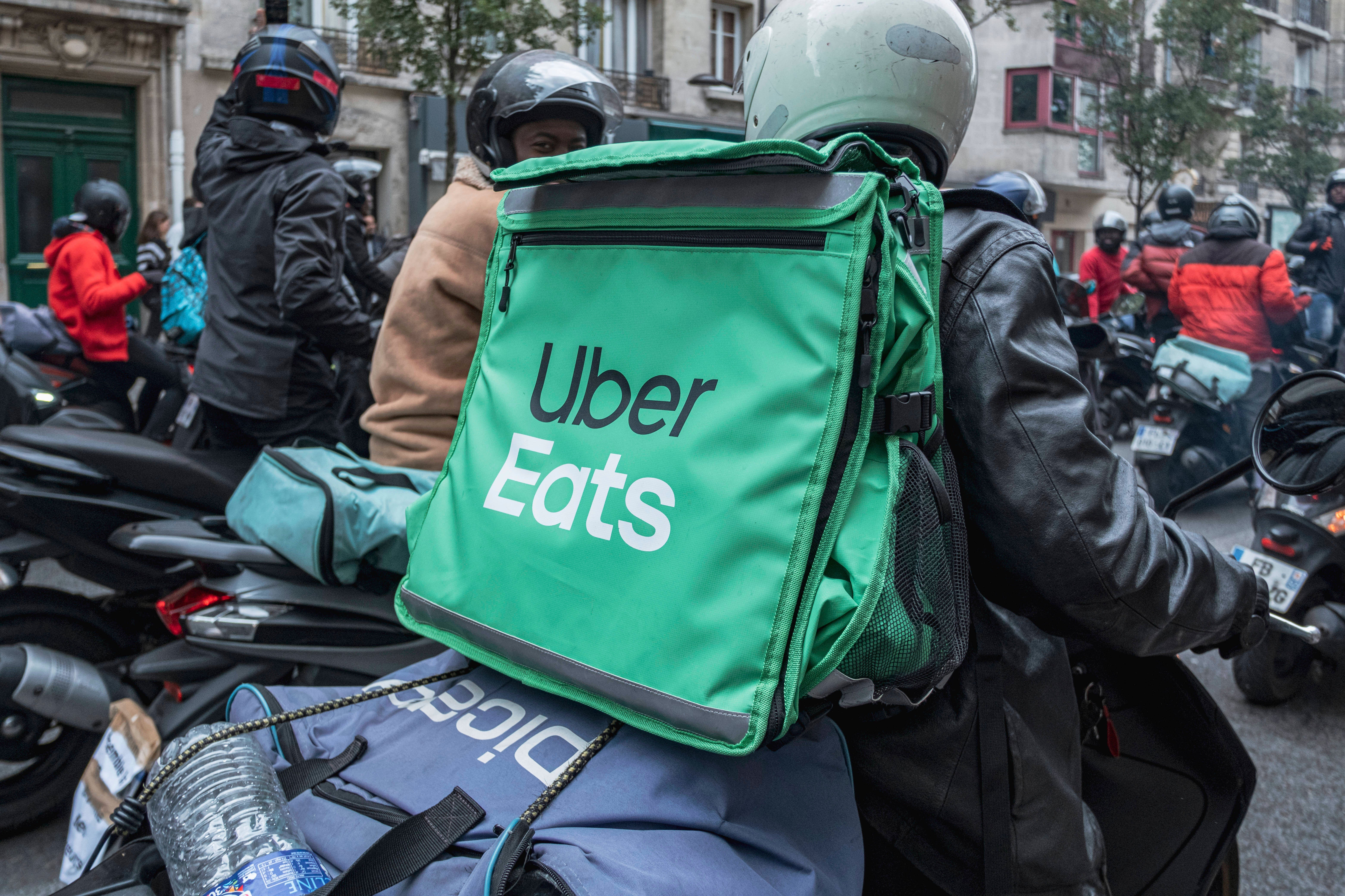 Uber Eats delivery drivers protested following the mass deletion of hundreds of accounts in Paris, France, on October, 1, 2022. 