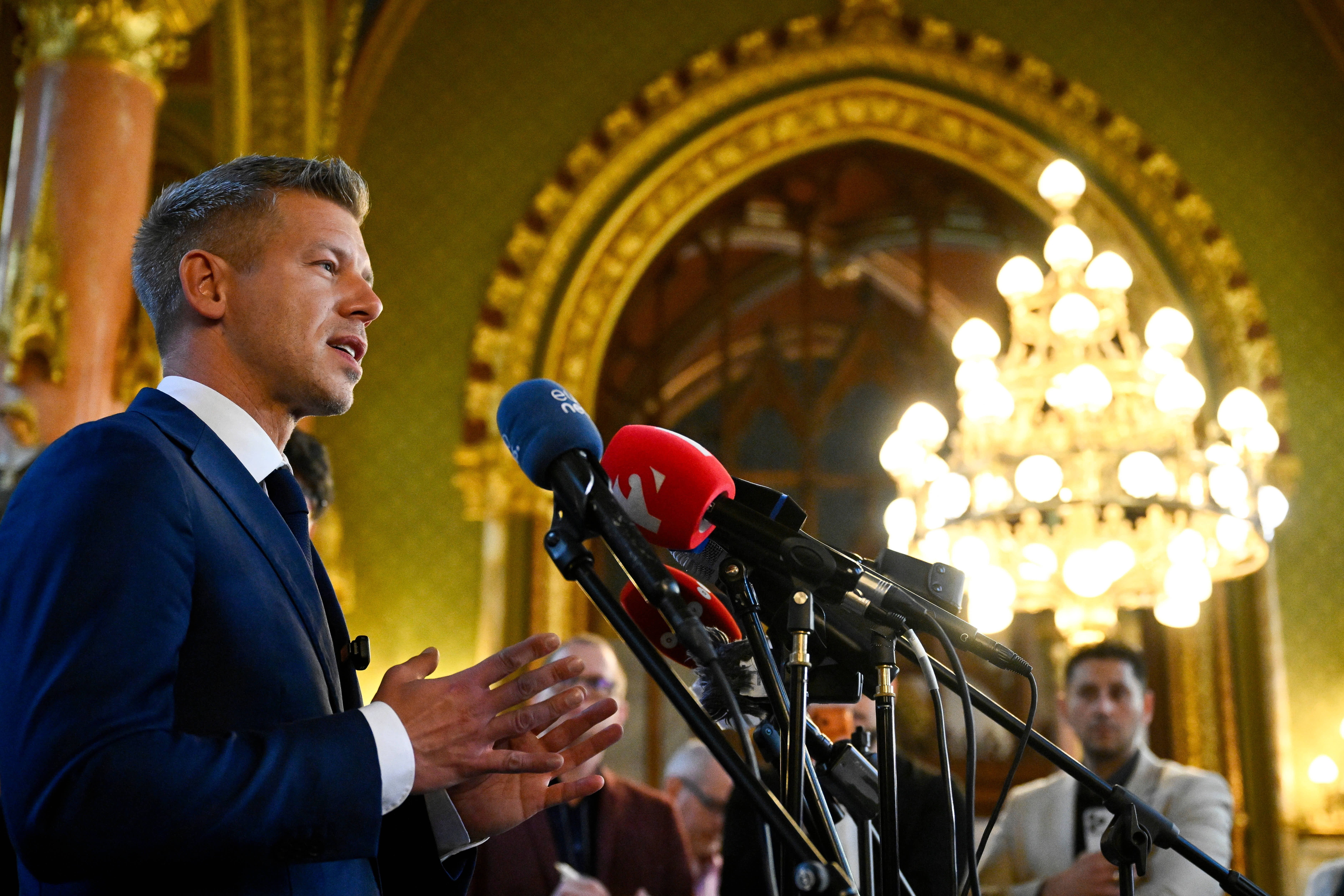 Prime Minister-elect Peter Magyar, the Tisza Party's leader, speaks to the media after the preparatory meeting for the inaugural session of the Parliament in Budapest, Hungary, April 17, 2026.