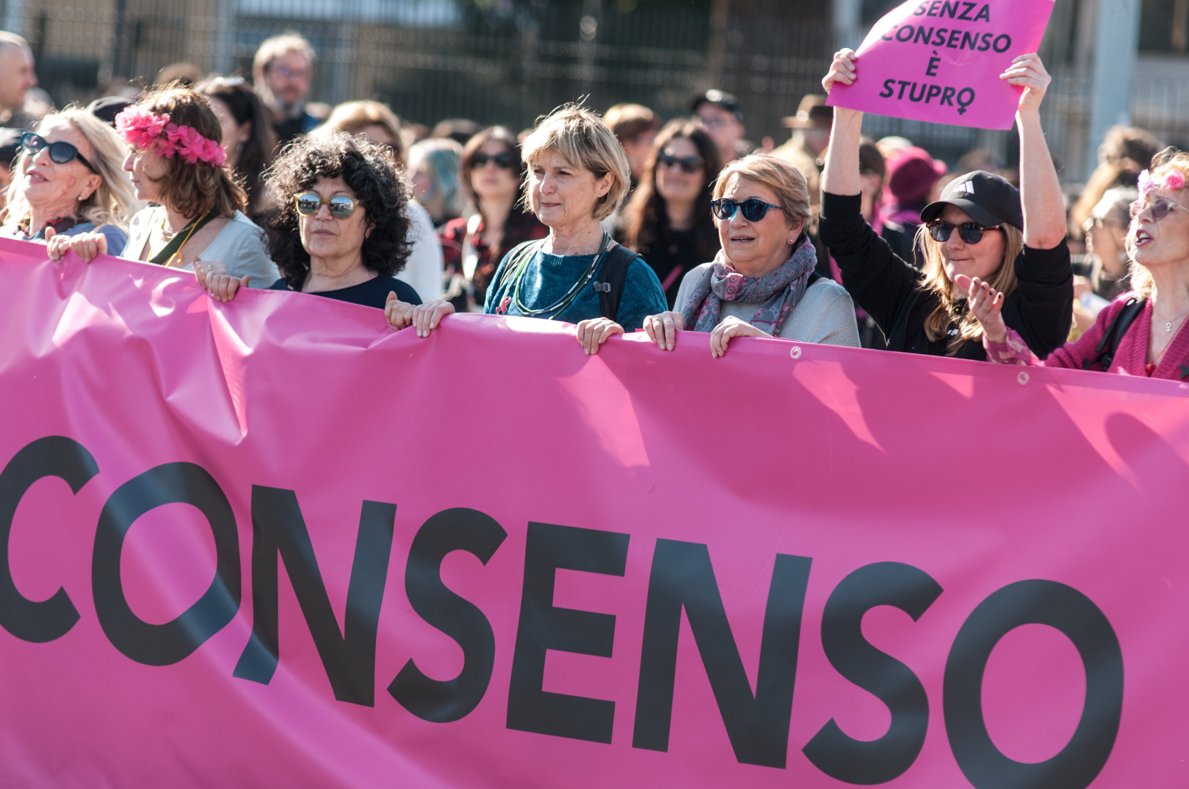 A demonstration with the slogan "Without consent, it's rape" takes place in Rome, Italy, on February 28, 2026.