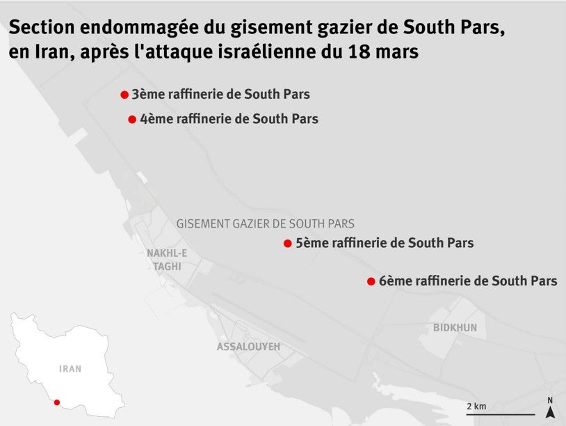 Une carte du gisement gazier de South Pars, situé dans le sud de l’Iran à proximité du golfe Persique, montrant quatre raffineries qui ont été endommagées lors de l'attaque israélienne du 18 mars 2026.