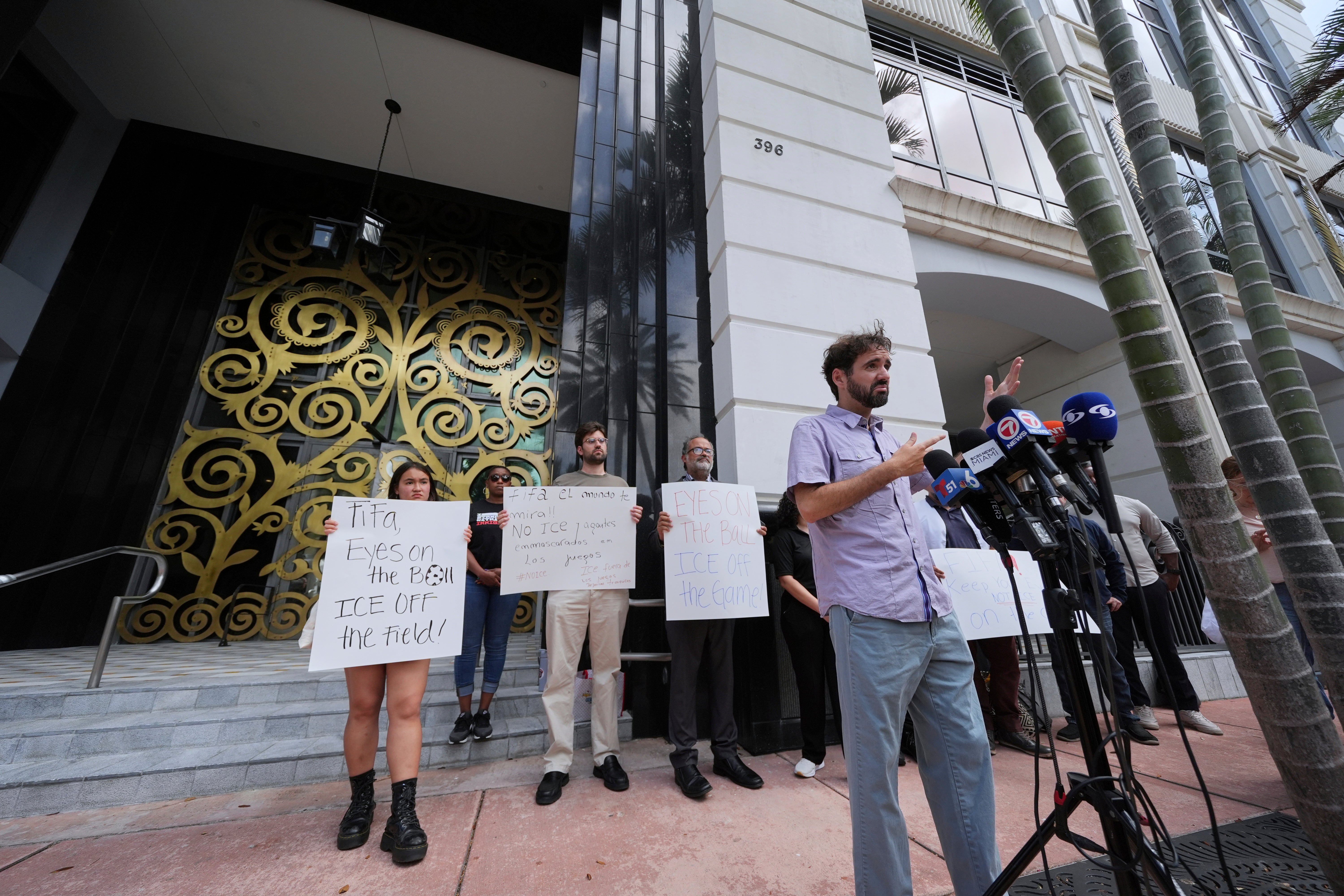 Thomas Kennedy of the Florida Immigrant Coalition speaks during a press conference calling on FIFA to protect soccer fans from immigration status checks at Club World Cup matches, outside the FIFA offices in Coral Gables, Florida, US, June 30, 2025.