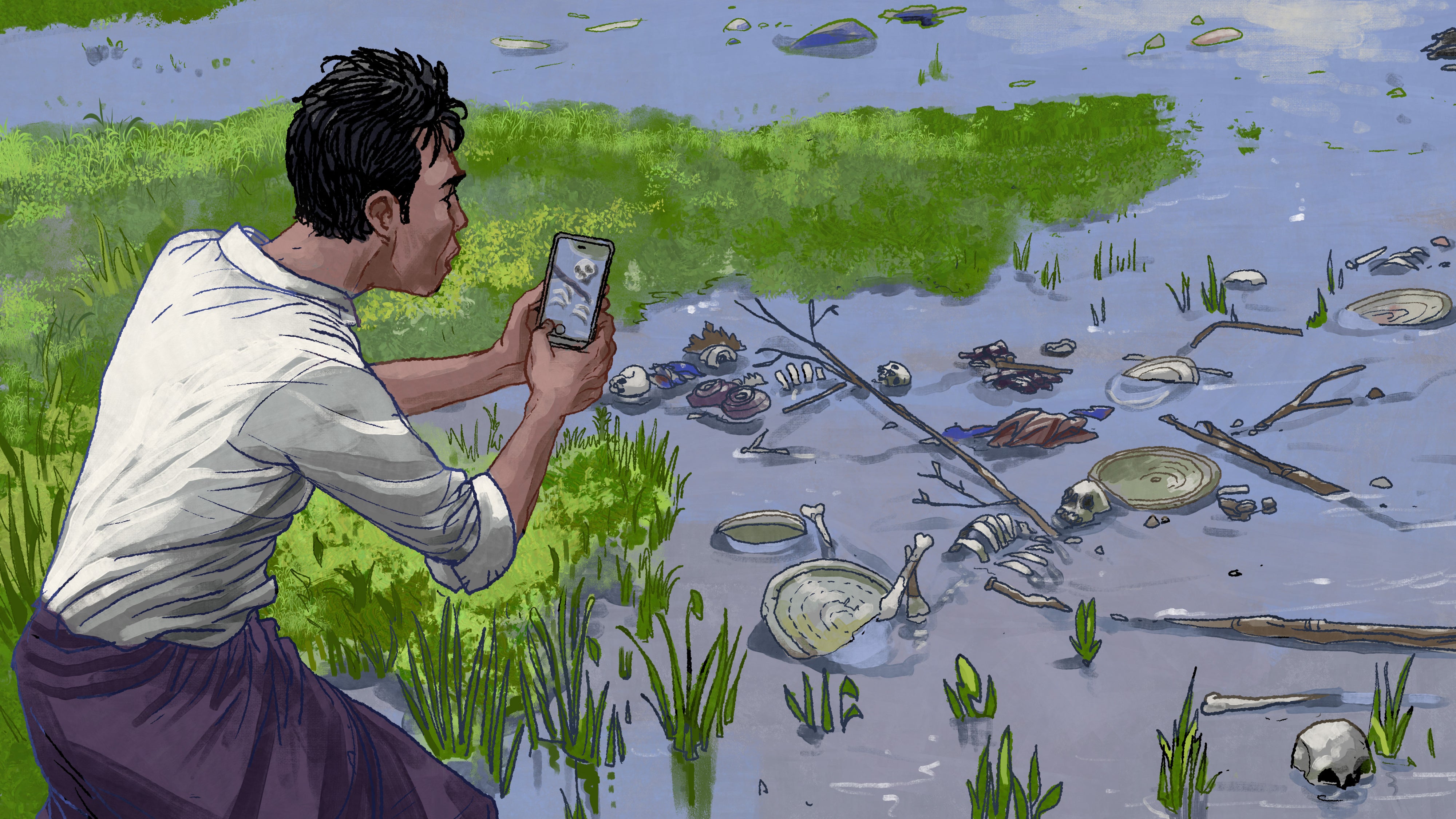 Illustration of a man taking photos of skeletal remains with his mobile phone