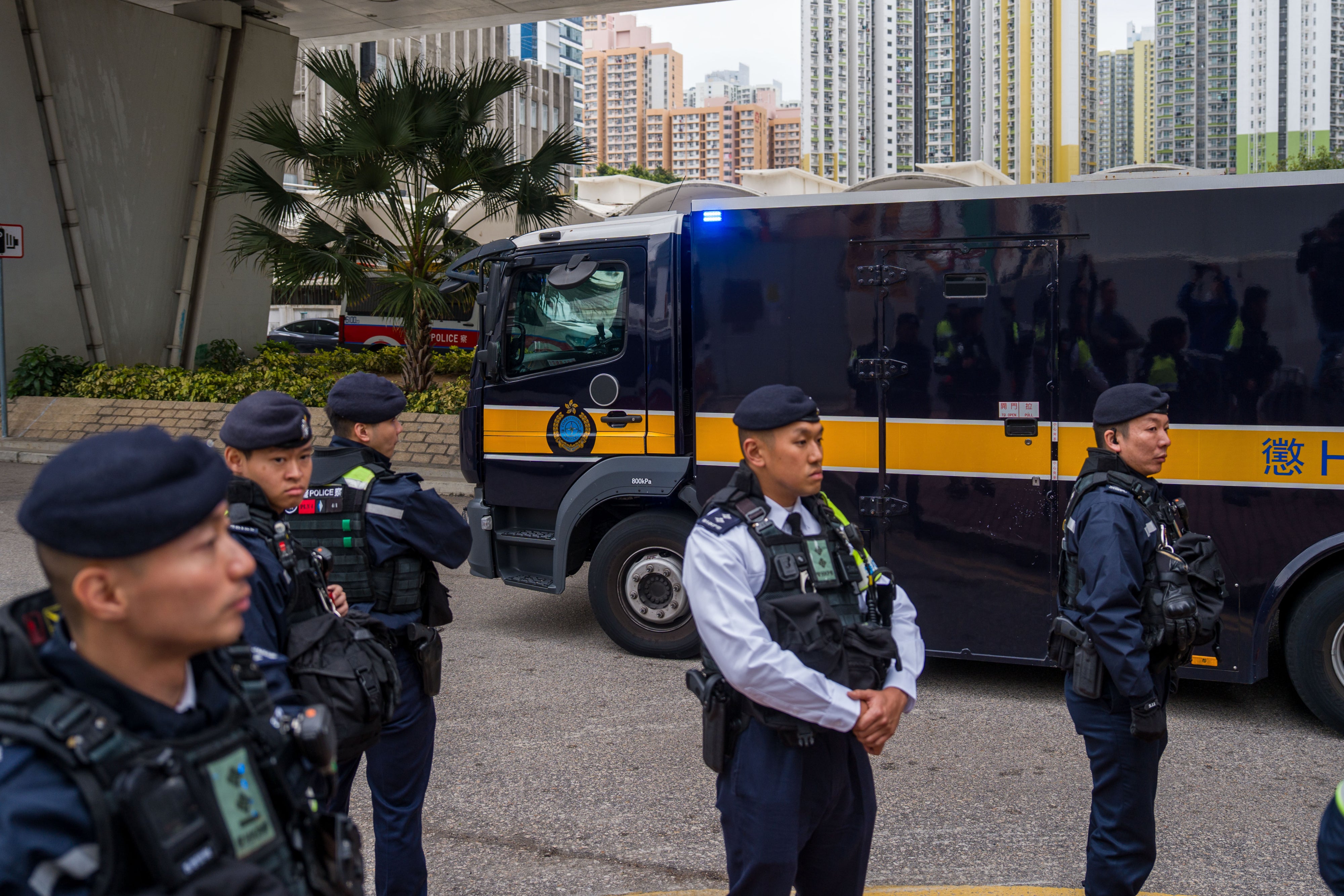  A prison van believed to be carrying Jimmy Lai leaving West Kowloon Magistrates Courts where his sentencing took place in Hong Kong, February 9, 2025. 