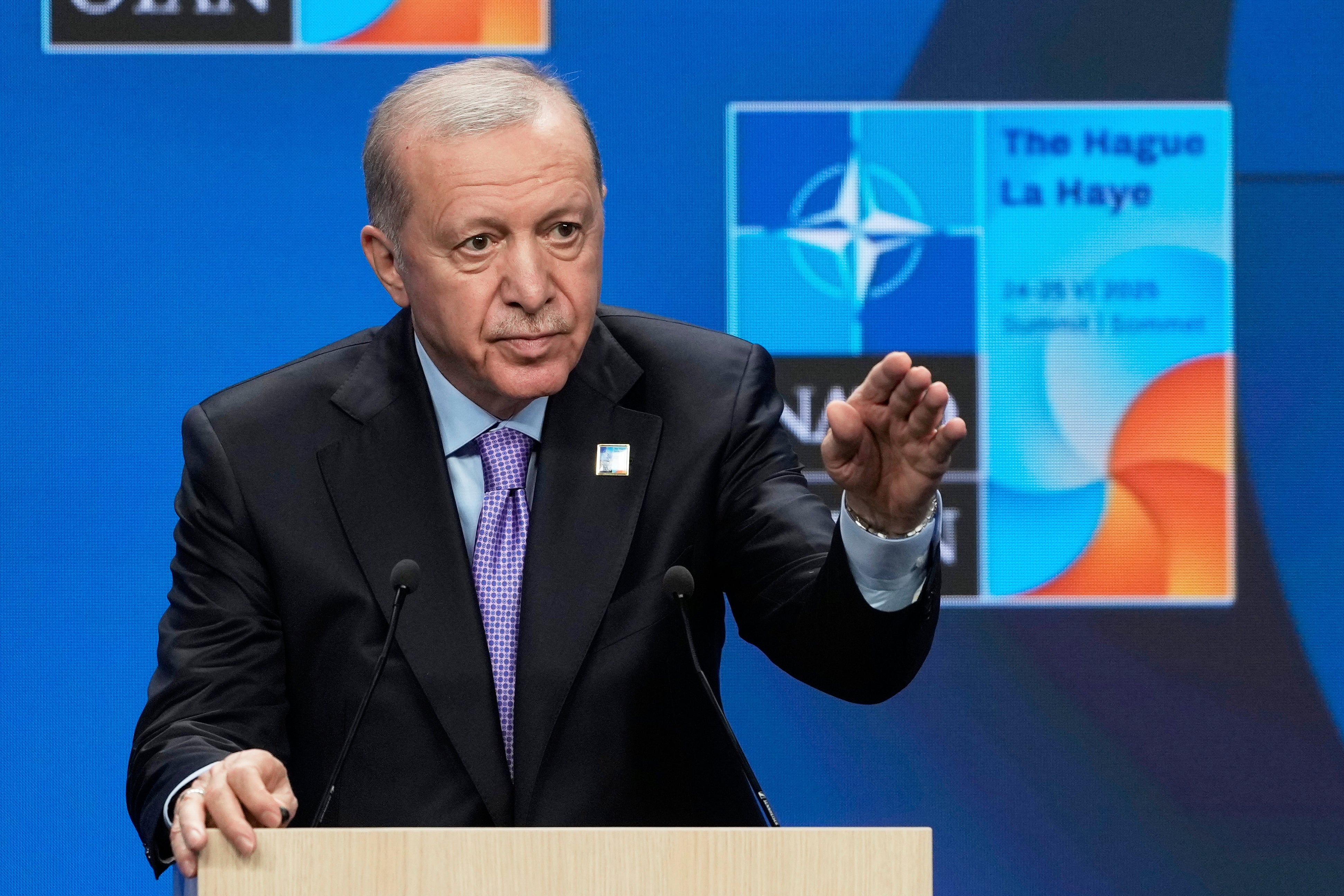 Turkish President Recep Tayyip Erdogan at press conference during a NATO summit in The Hague, Netherlands, June 25, 2025.