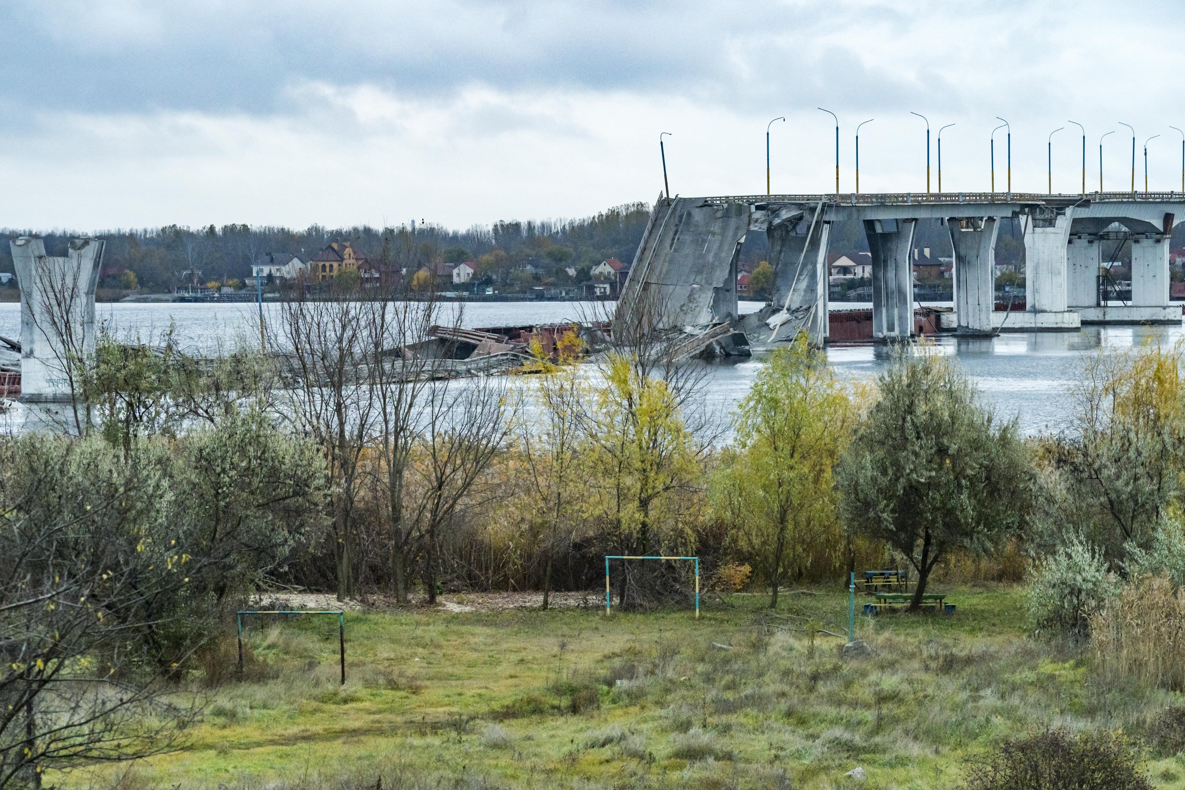 The Antonovsky bridge destroyed by the Russian army with explosives in its retreat of Kherson, Ukraine, November 16, 2022.