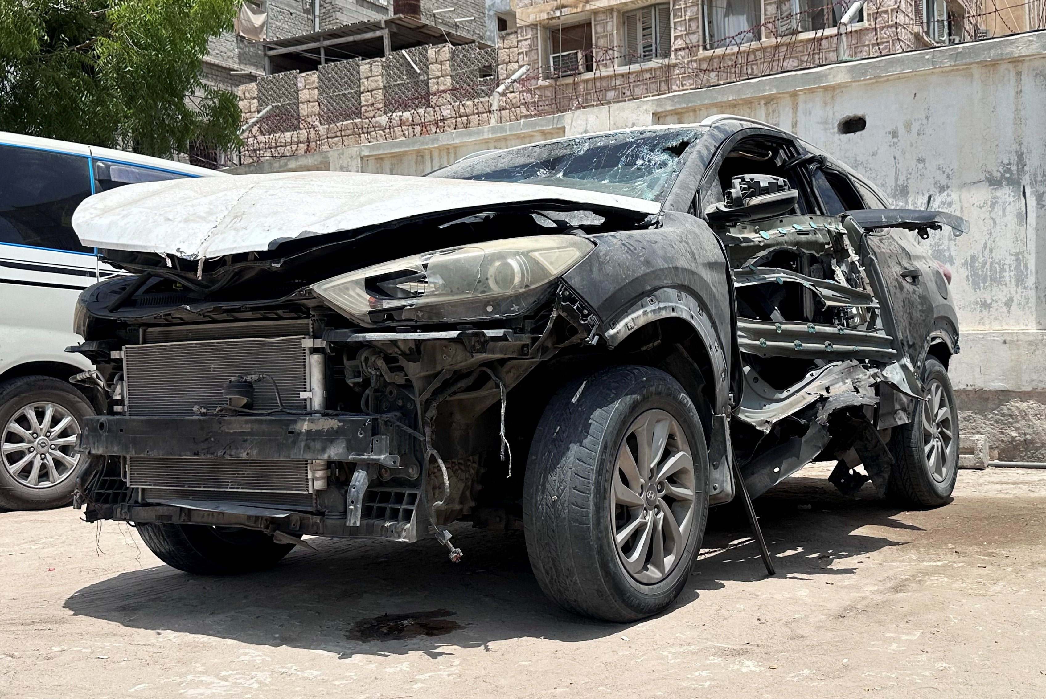Muhammad Aidha’s car in the yard of a police station, where it had been moved to after an explosive device planted in the car detonated and killed him, in Mukalla, Yemen June 25, 2026.