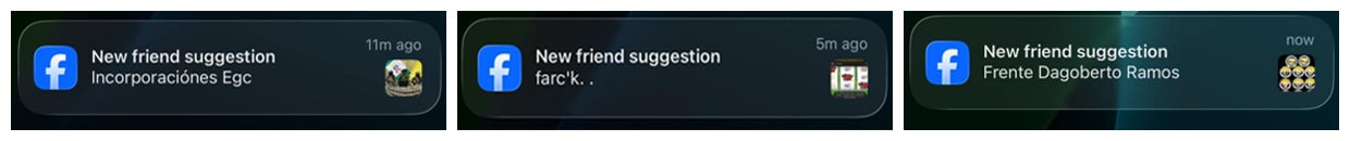 Screenshots of Facebook notifications suggesting researchers add profiles linked to armed groups as friends.