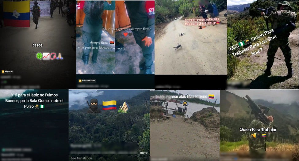Screenshots from videos posted to TikTok in July 2026 showing the use of emojis to signal affiliation and explicitly seek new combatants for armed groups.