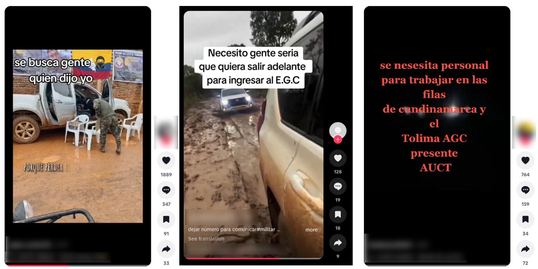 Screenshots from videos posted to TikTok between February and April 2026 showing messages explicitly looking for new combatants for armed groups.