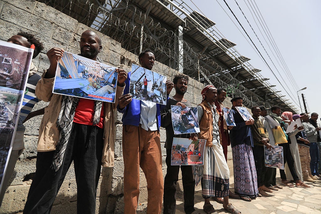 Members of Yemen's African community protest against a US airstrike that hit a migrant detention center in Saada, Yemen, May 11, 2025.