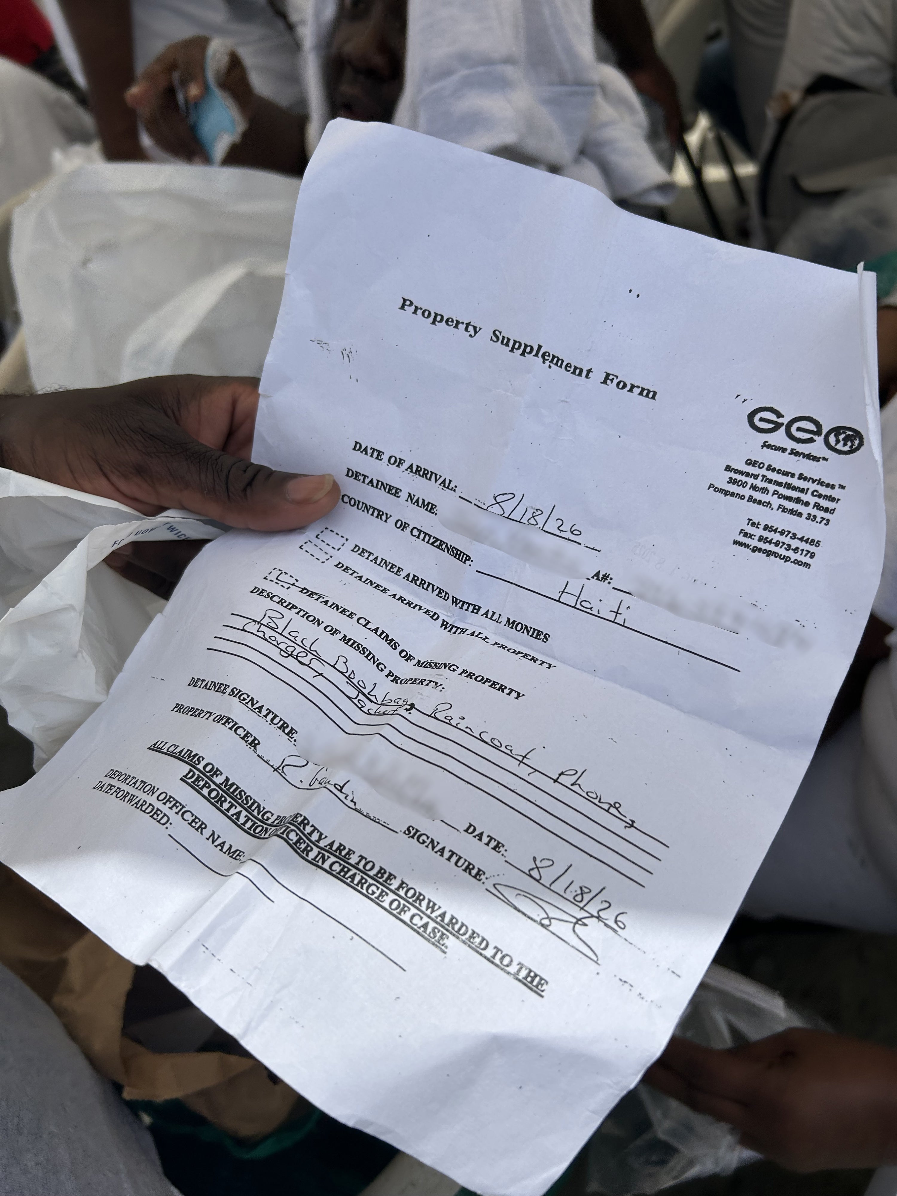 A property form from the Broward Transitional Center, Cap-Haïtien, Haiti, August 27, 2026.