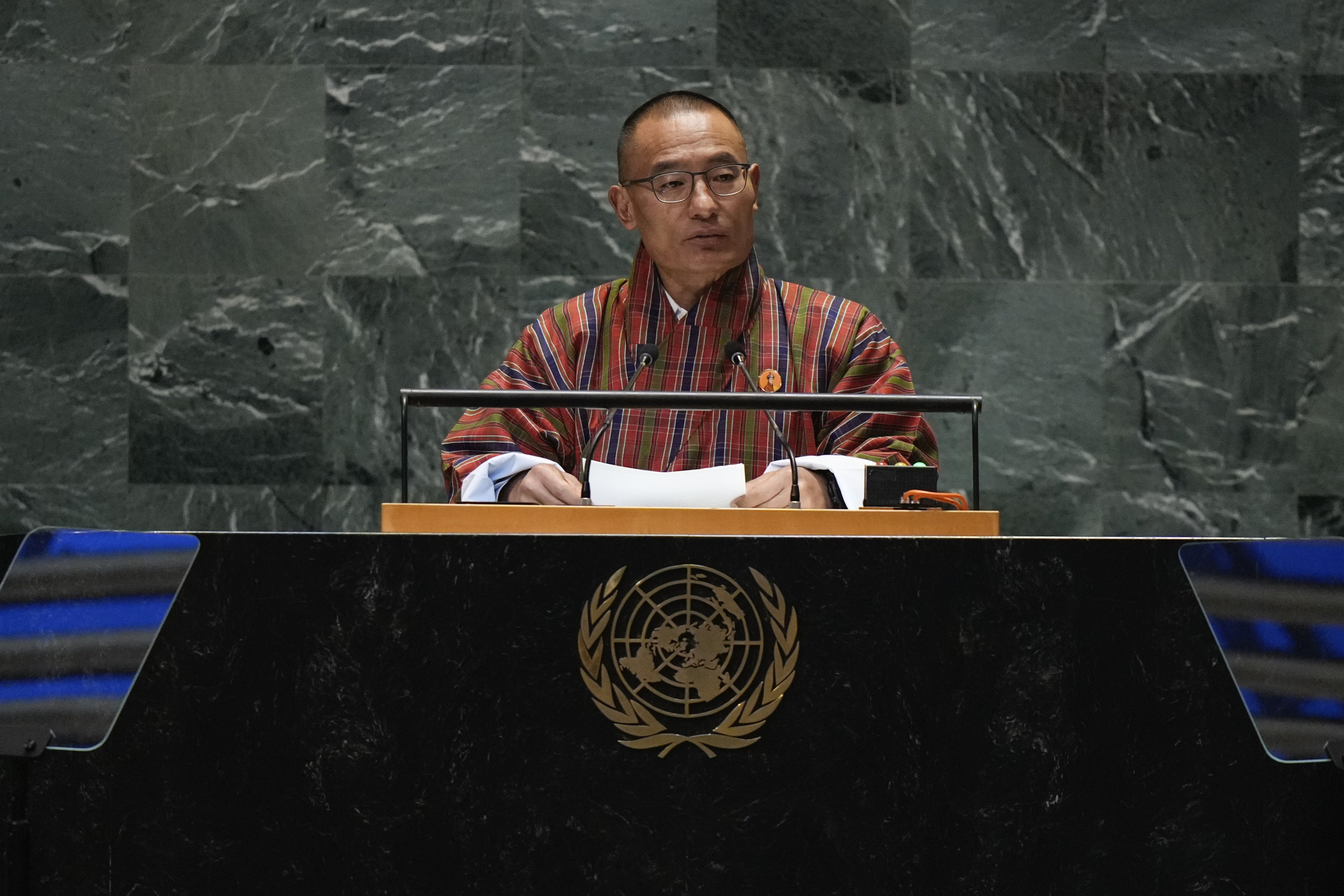 Prime Minister of Bhutan Tshering Togay speaks to the United Nations General Assembly during Summit of the Future at the U.N. headquarters, September 22, 2024. 