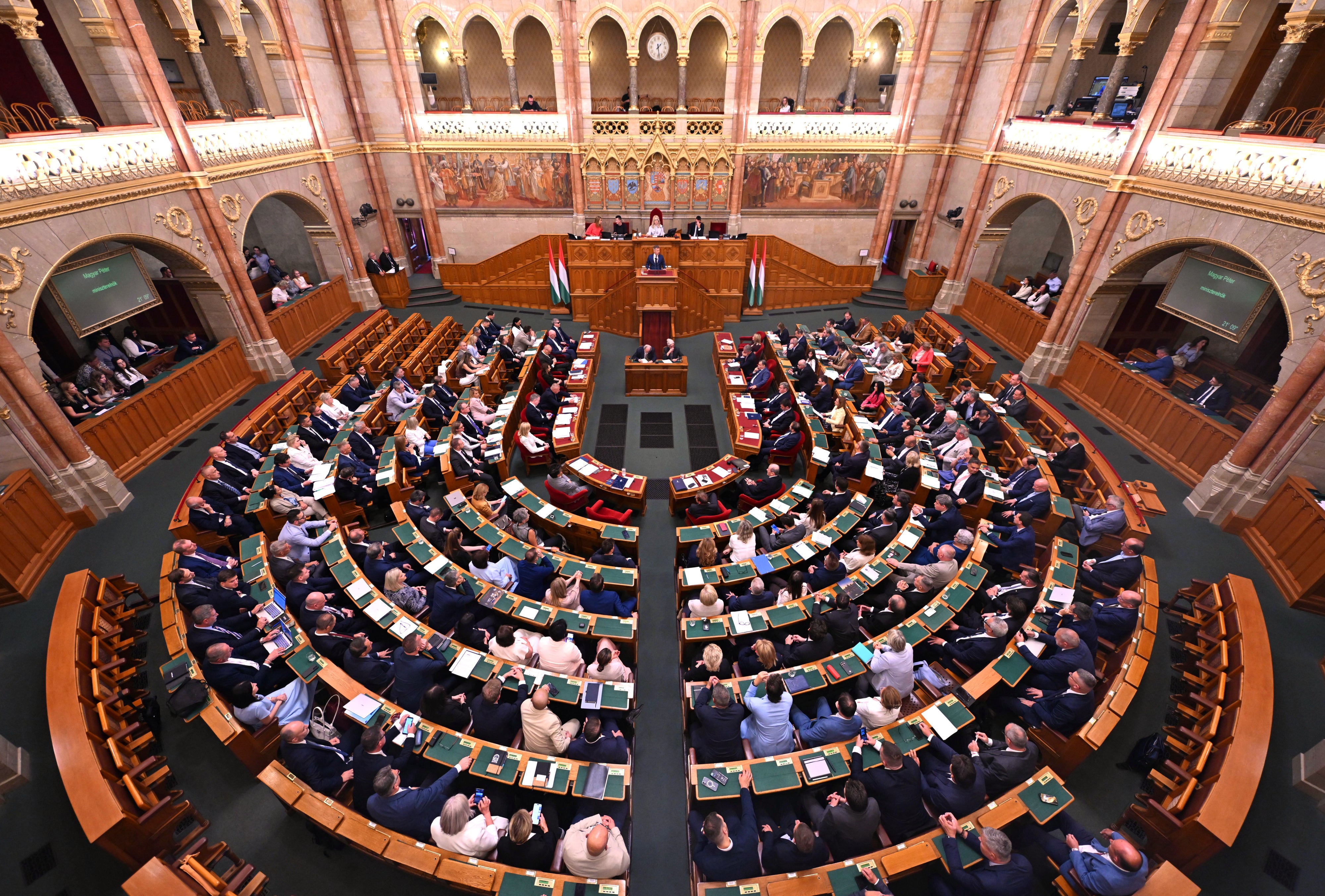 Prime Minister of Hungary, Péter Magyar, giving a speech in the Hungarian Parliament in Budapest, August 27, 2026.