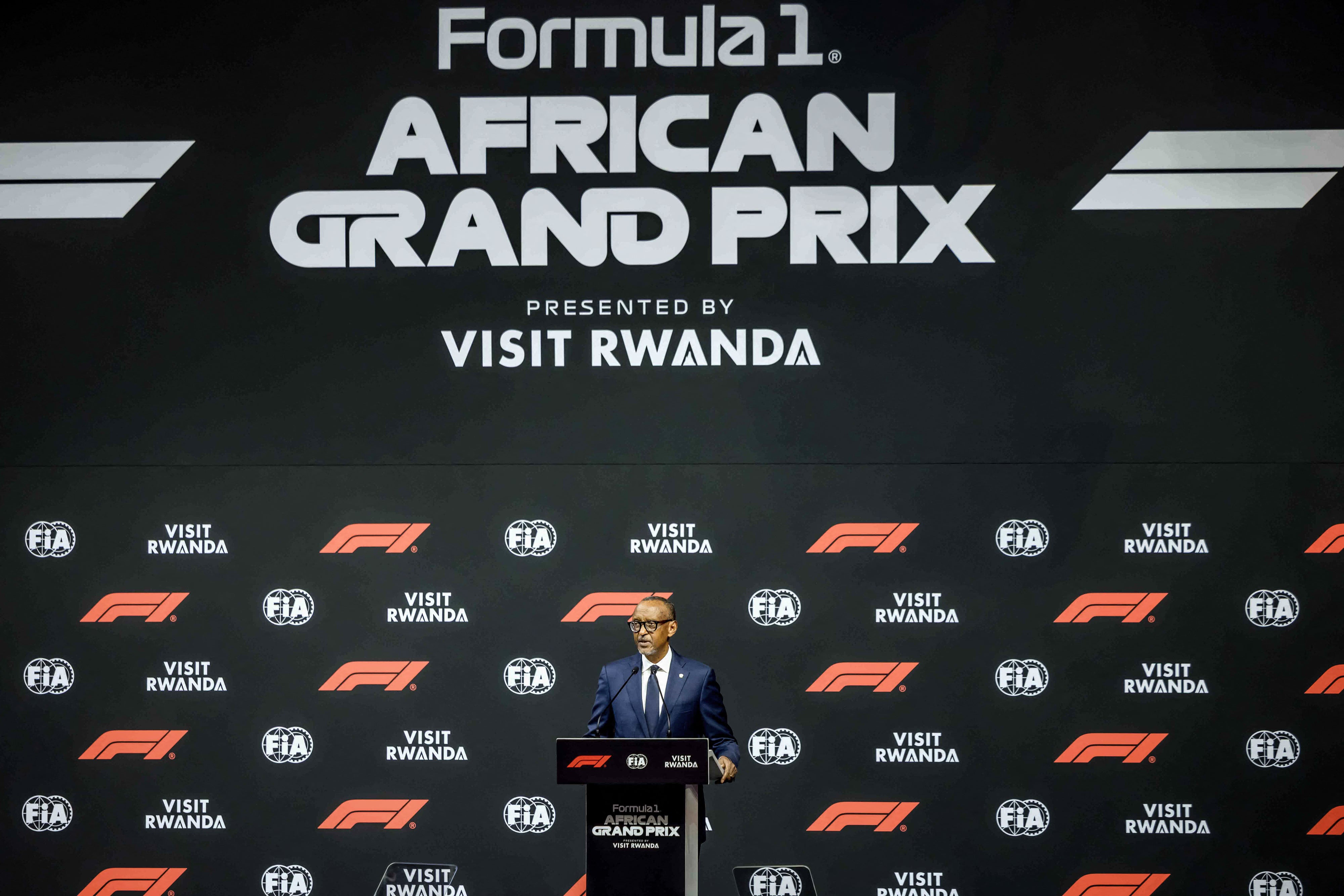  Rwanda's President Paul Kagame delivers remarks during the announcement of the Formula 1 African Grand Prix at BK Arena in Kigali on October 13, 2026.