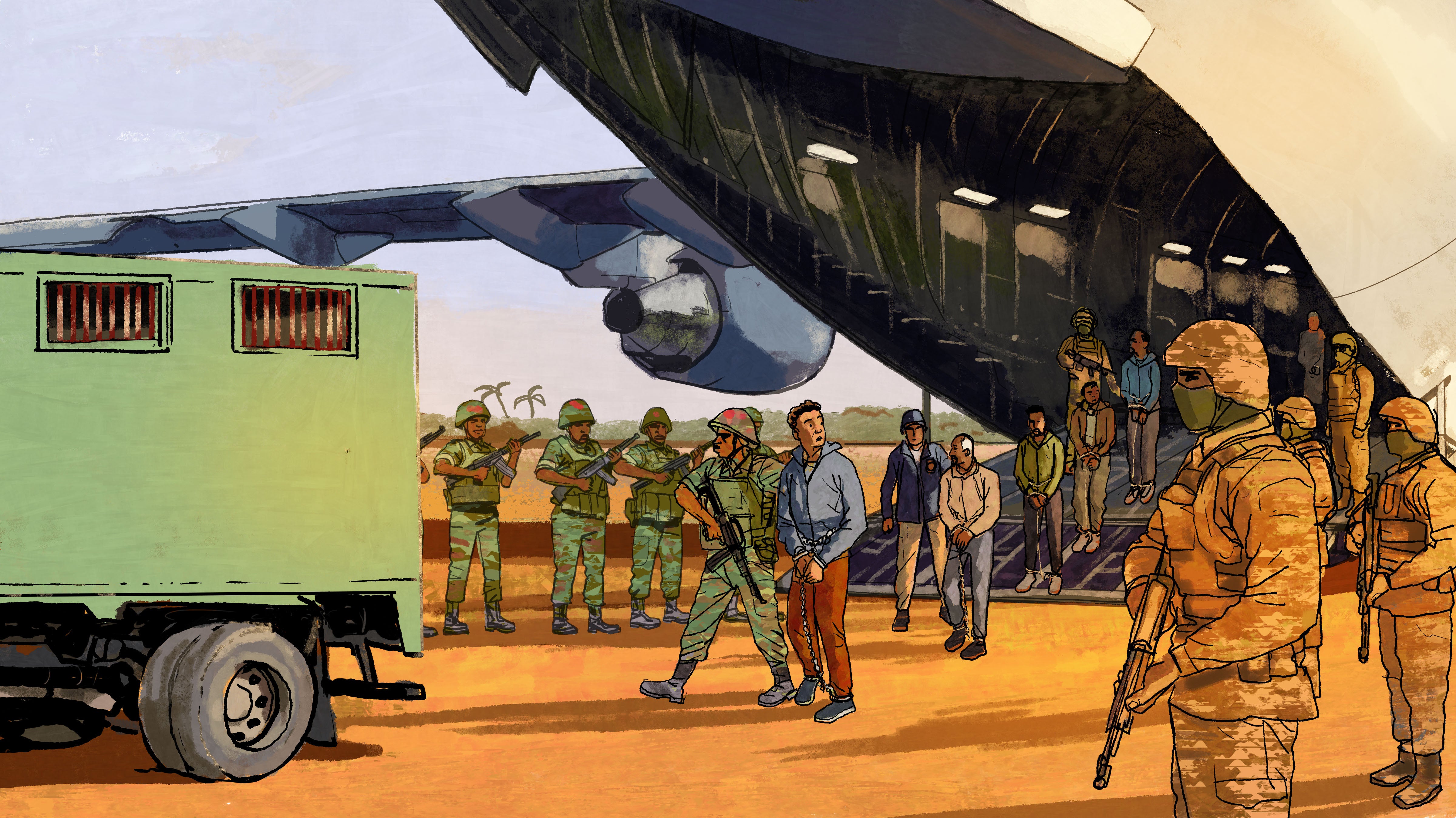 Illustration of shackled men disembarking a military plane surrounded by armed soldiers