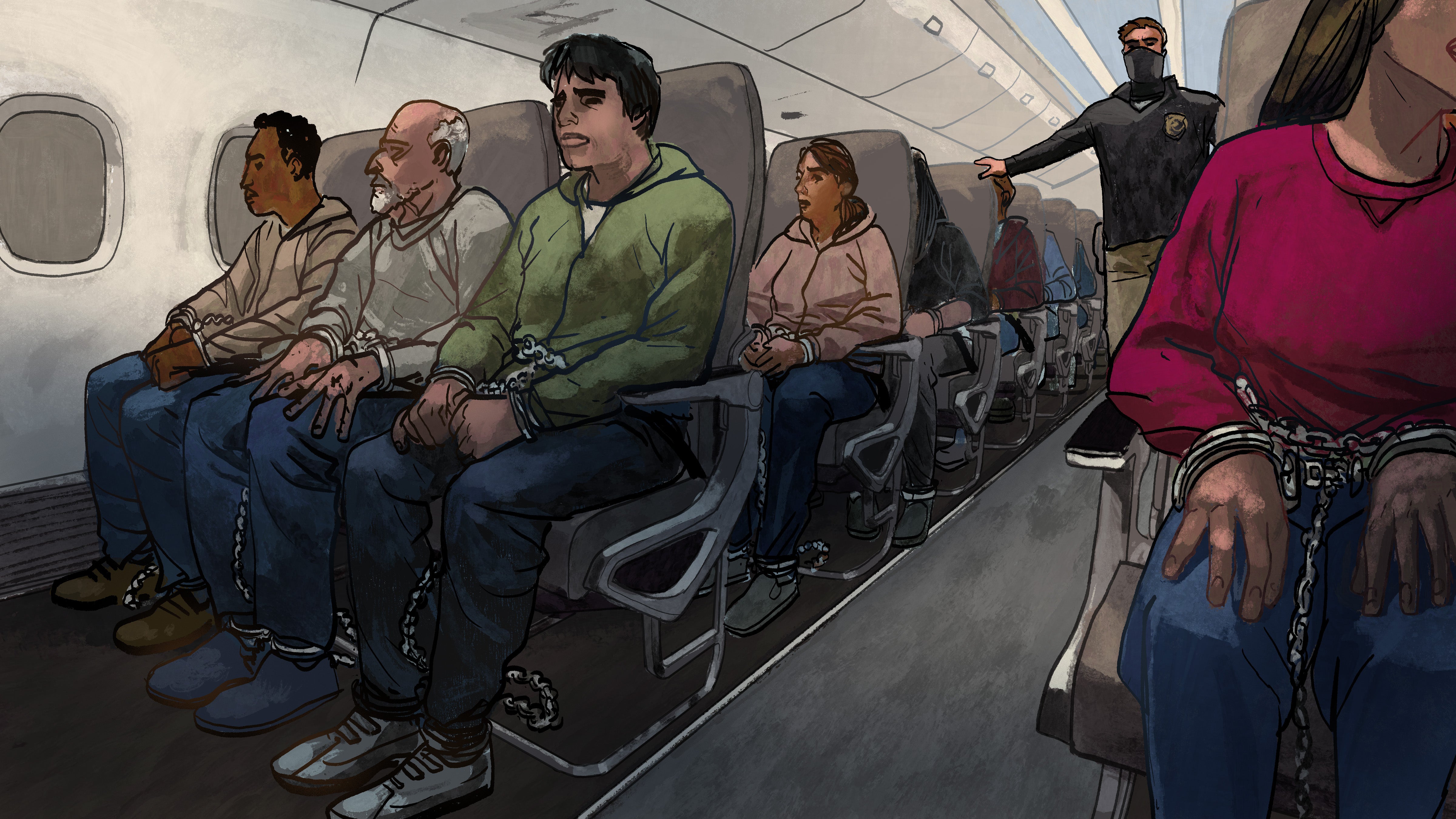 Illustration of shackled men and women seated in an airplane