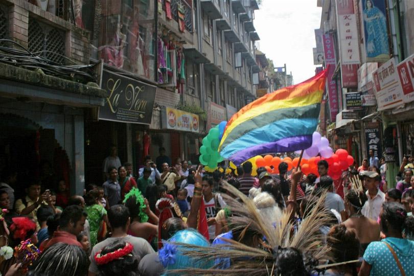 Marchers in the 2013 Gai Jatra LGBTI pride parade fill the streets of Kathmandu.