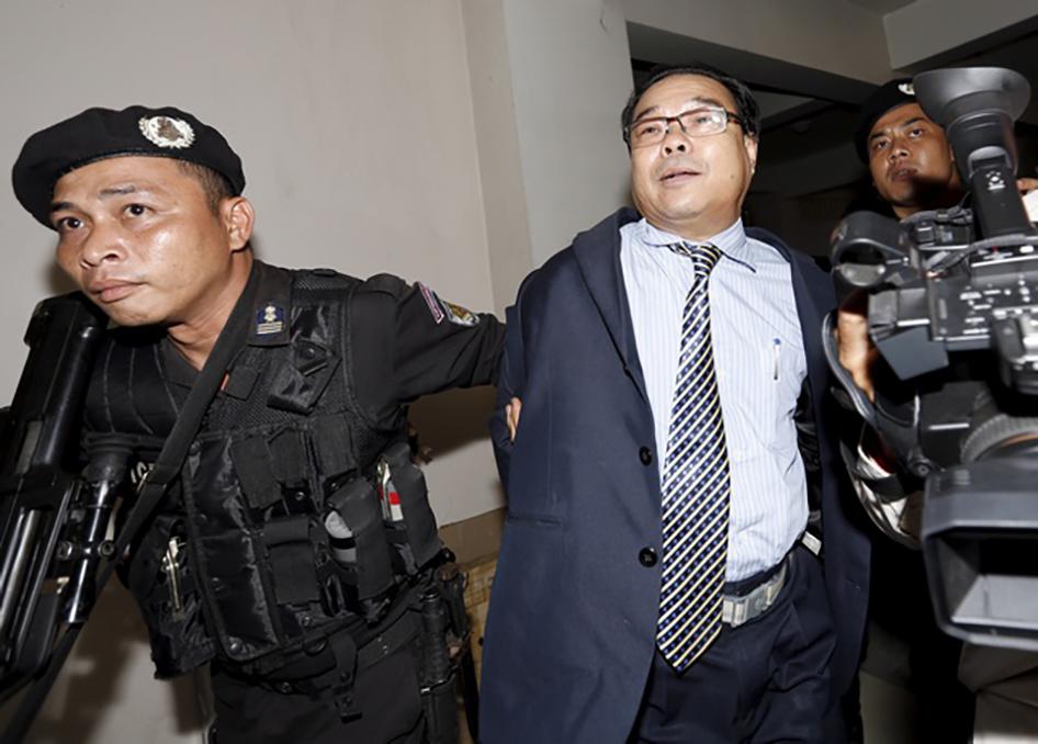Senator Hong Sok Hour of the opposition Sam Rainsy Party (SRP) arrives at the Municipal Court of Phnom Penh in Cambodia on August 15, 2015.