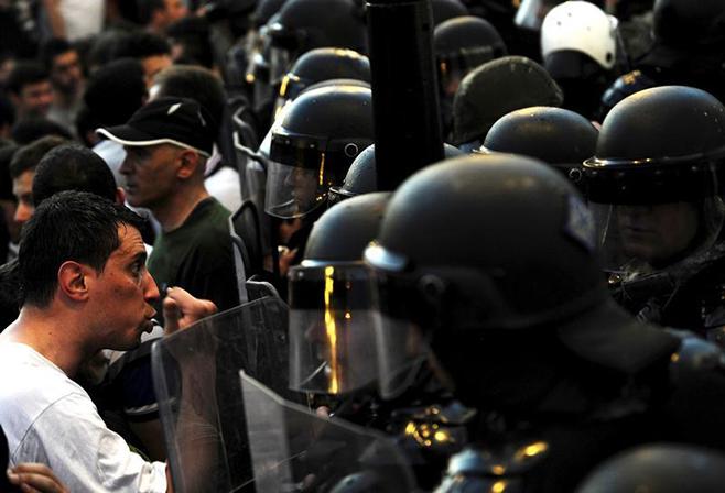 Protesters clash with police in front of the Macedonian government building in Skopje, Macedonia on May 5, 2015.