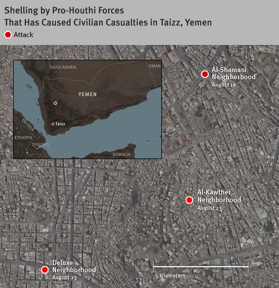Shelling by pro-Houthi forces that has caused civilian casualties in Taizz, Yemen. 