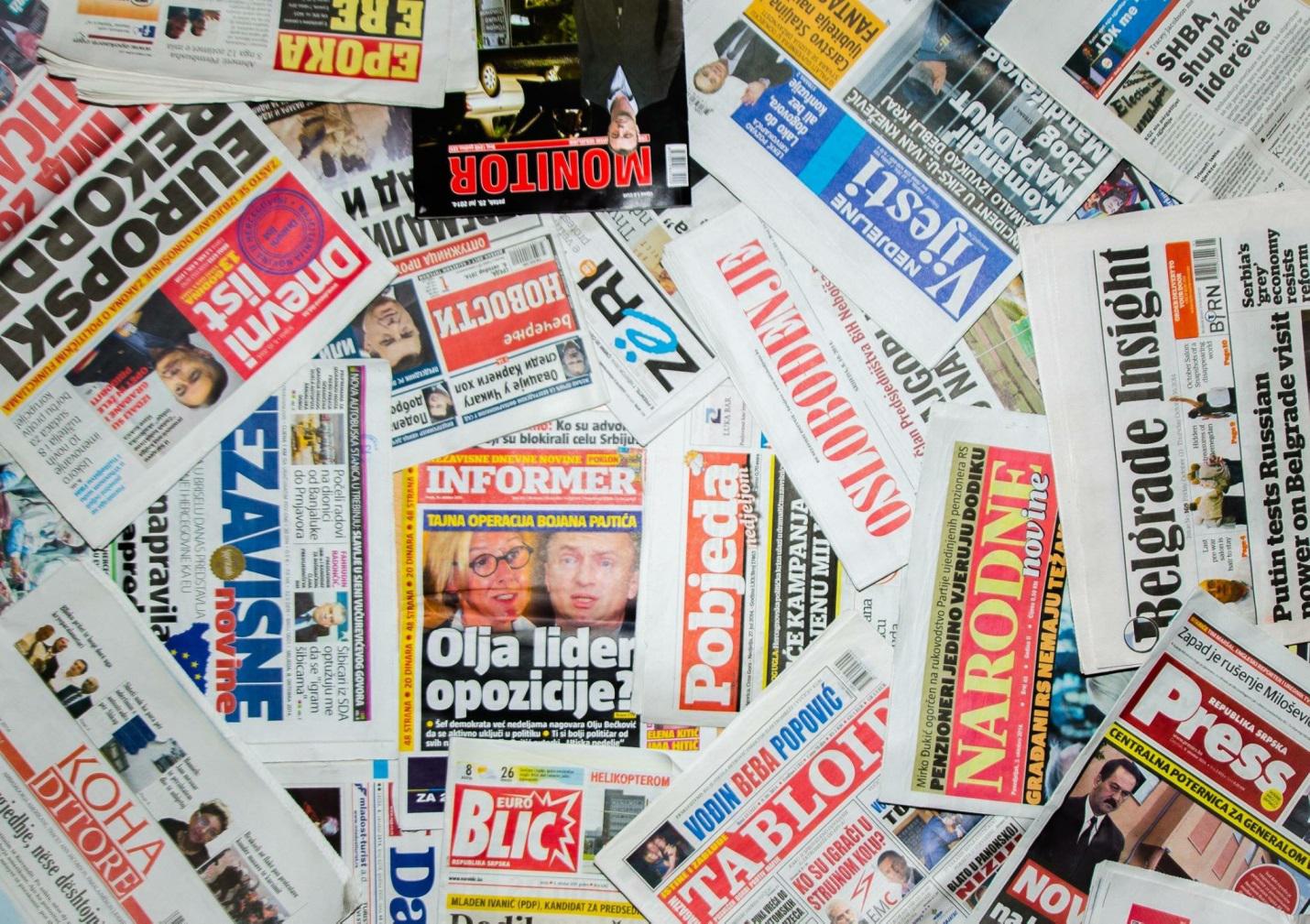 Front pages of newspapers from Bosnia and Herzegovina, Kosovo, Montenegro and Serbia.
