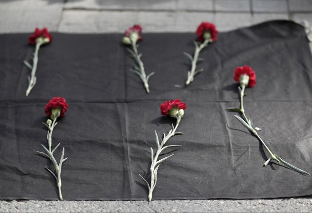 Carnations placed on the ground during a protest against explosions at a peace march in Ankara, in central Istanbul, Turkey, October 10, 2015.
