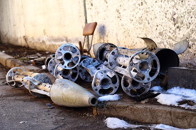 Remnants of Uragan cluster munition rockets collected by rebel fighters after attacks on Starobesheve on February 6 and 7.
