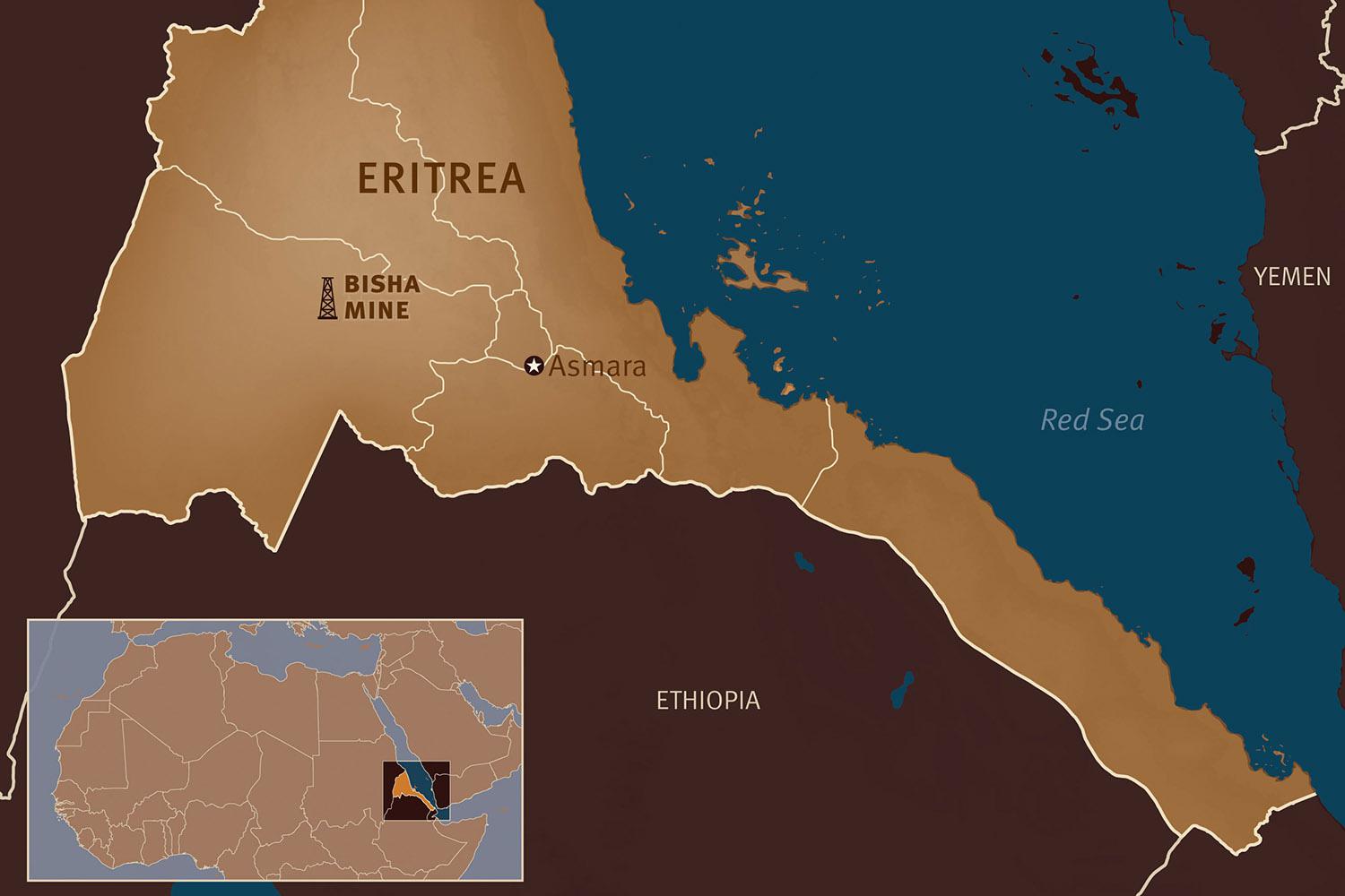 Map of Eritrea with location of Bisha Mine. 