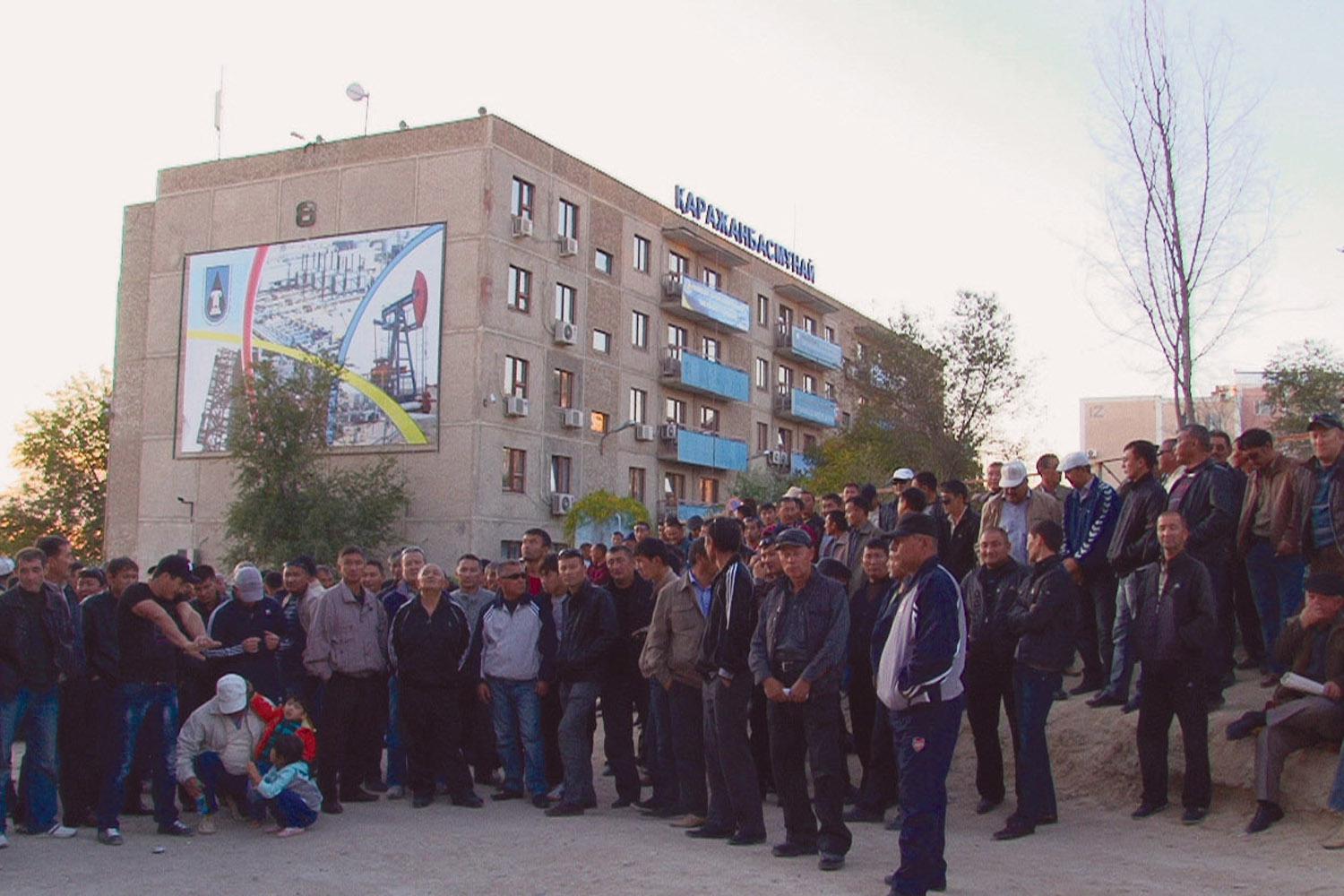 KarazhanbasMunai oil workers on strike outside company offices in Aktau, Kazakhstan in October 2011.