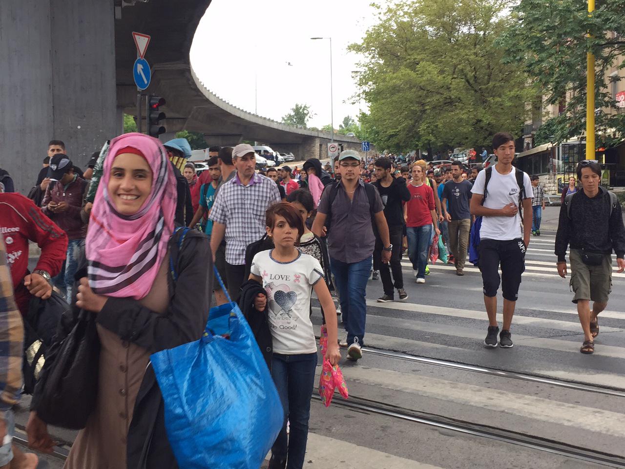 Refugees march from Hungary to Austria, September 5, 2015.