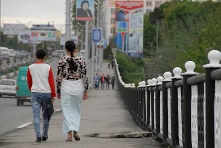 Young women in Osh, Kyrgyzstan. Nearly one-third of women in Kyrgyzstan experience abuse by a spouse or partner. 