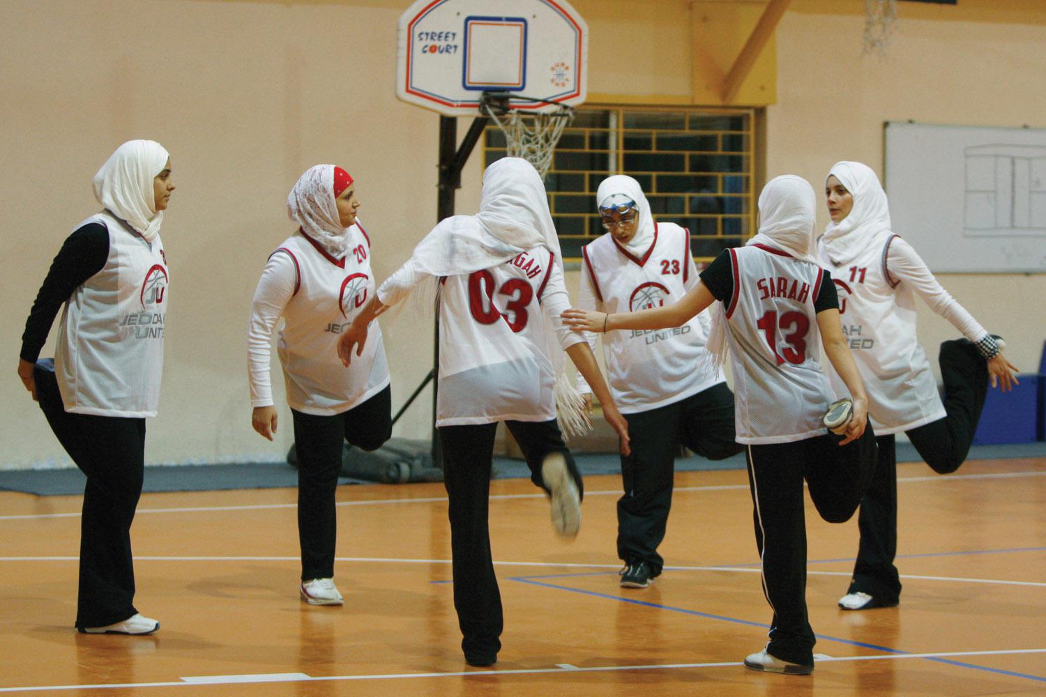 The female basketball team of Jeddah United warm up in Jordan on April 21, 2009. Jeddah United is the only private sports company with women’s teams.